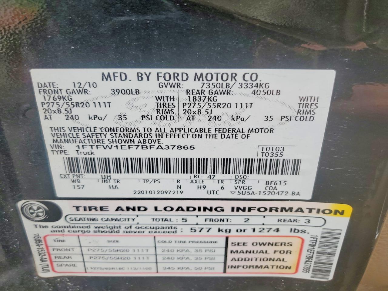 2011 Ford F150 Supercrew Black vin: 1FTFW1EF7BFA37865