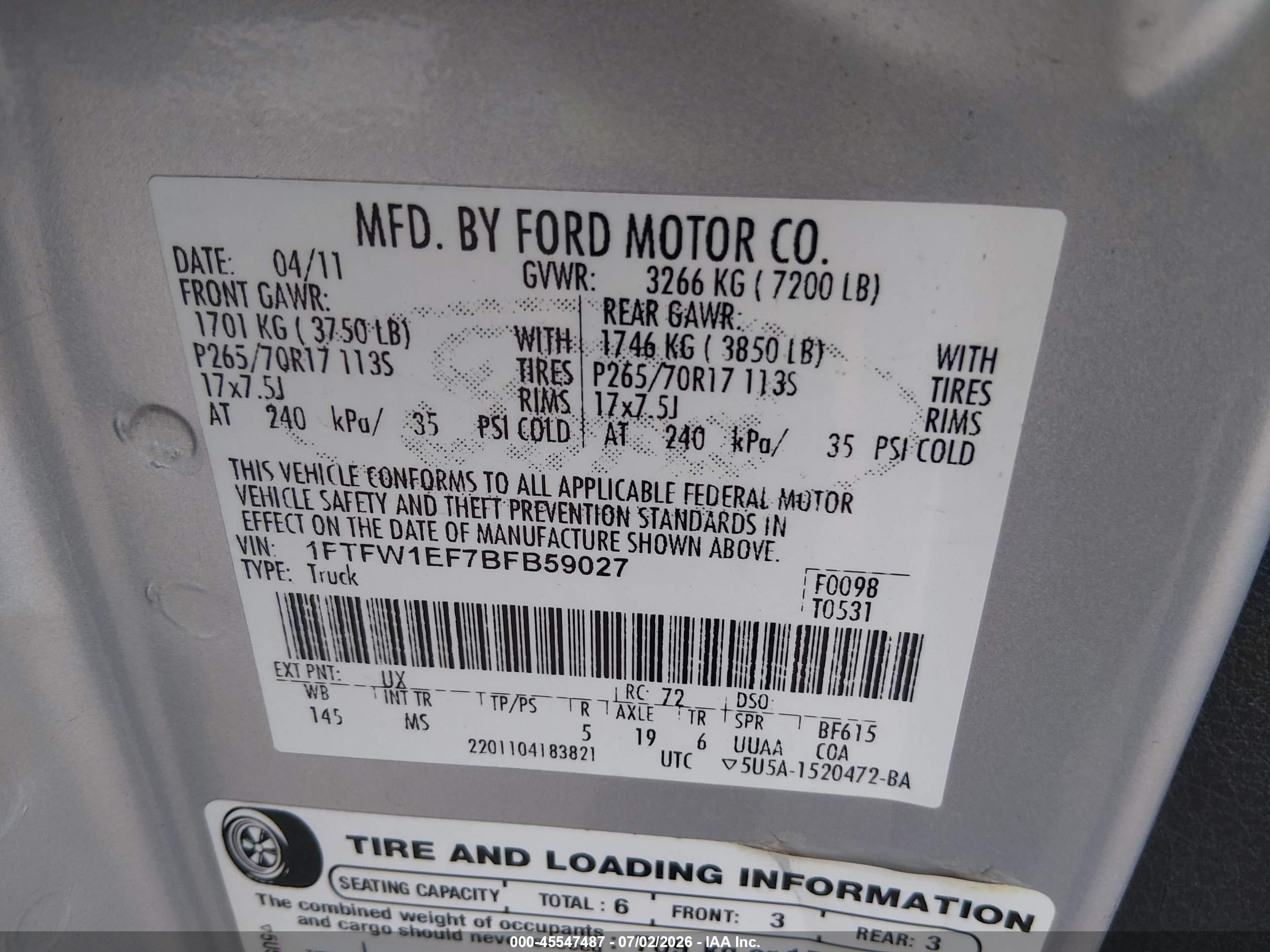 2011 Ford F-150 Fx4/king Ranch/lariat/platinum/xl/xlt Silver vin: 1FTFW1EF7BFB59027