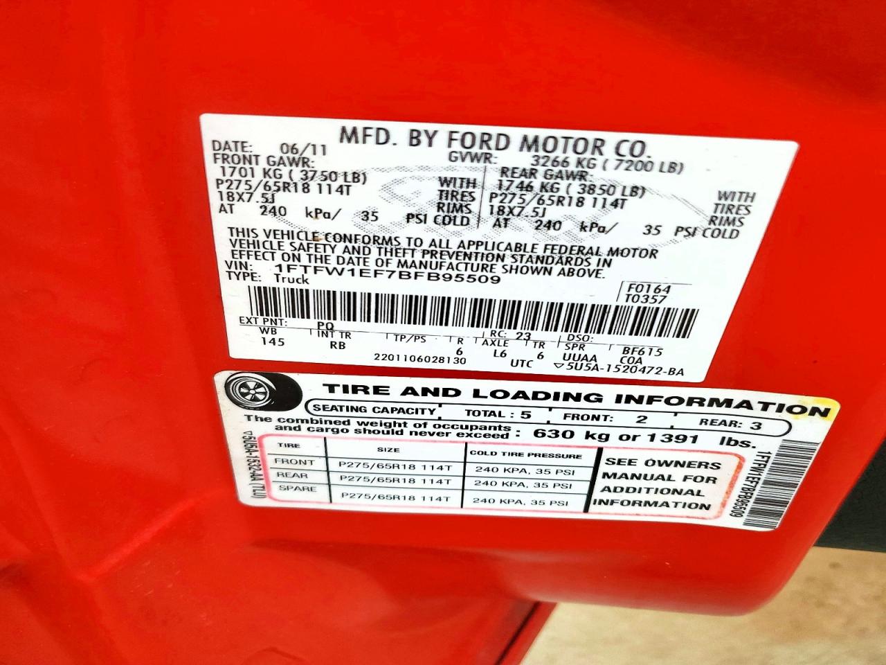 2011 Ford F150 Supercrew Red vin: 1FTFW1EF7BFB95509