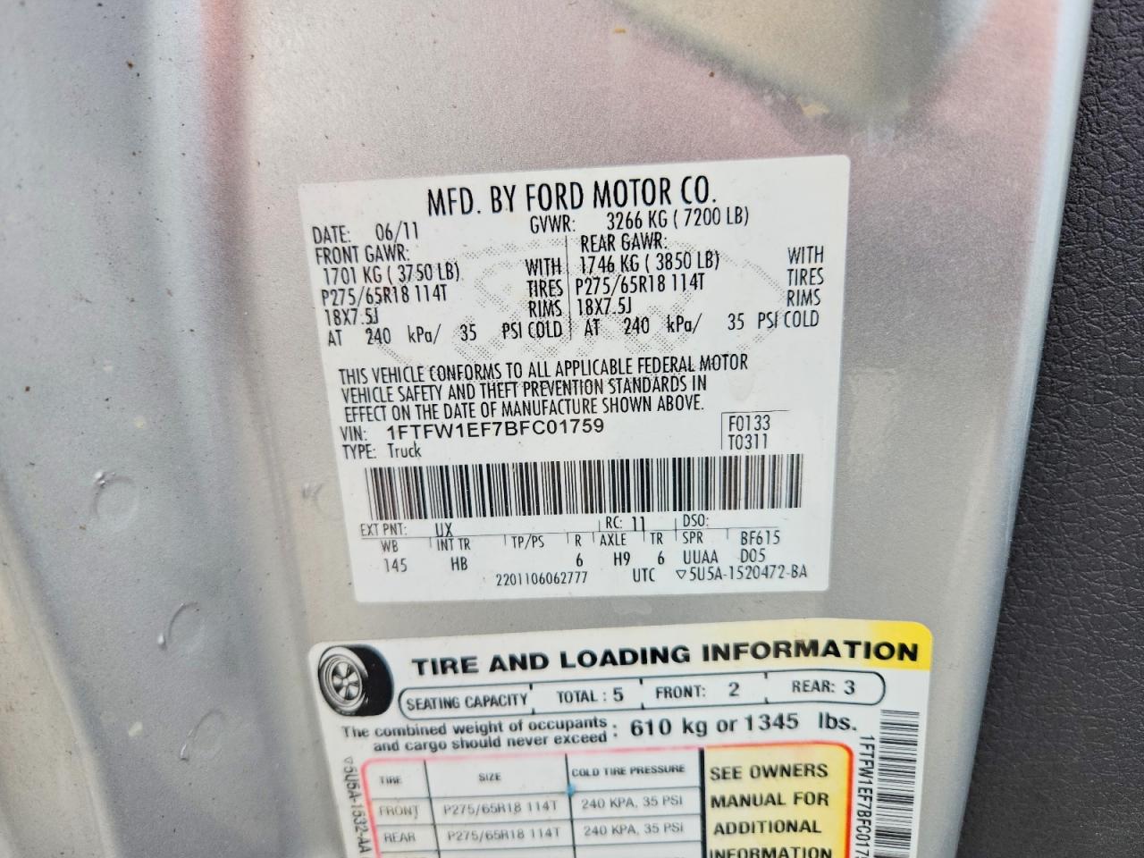 2011 Ford F150 Supercrew Silver vin: 1FTFW1EF7BFC01759