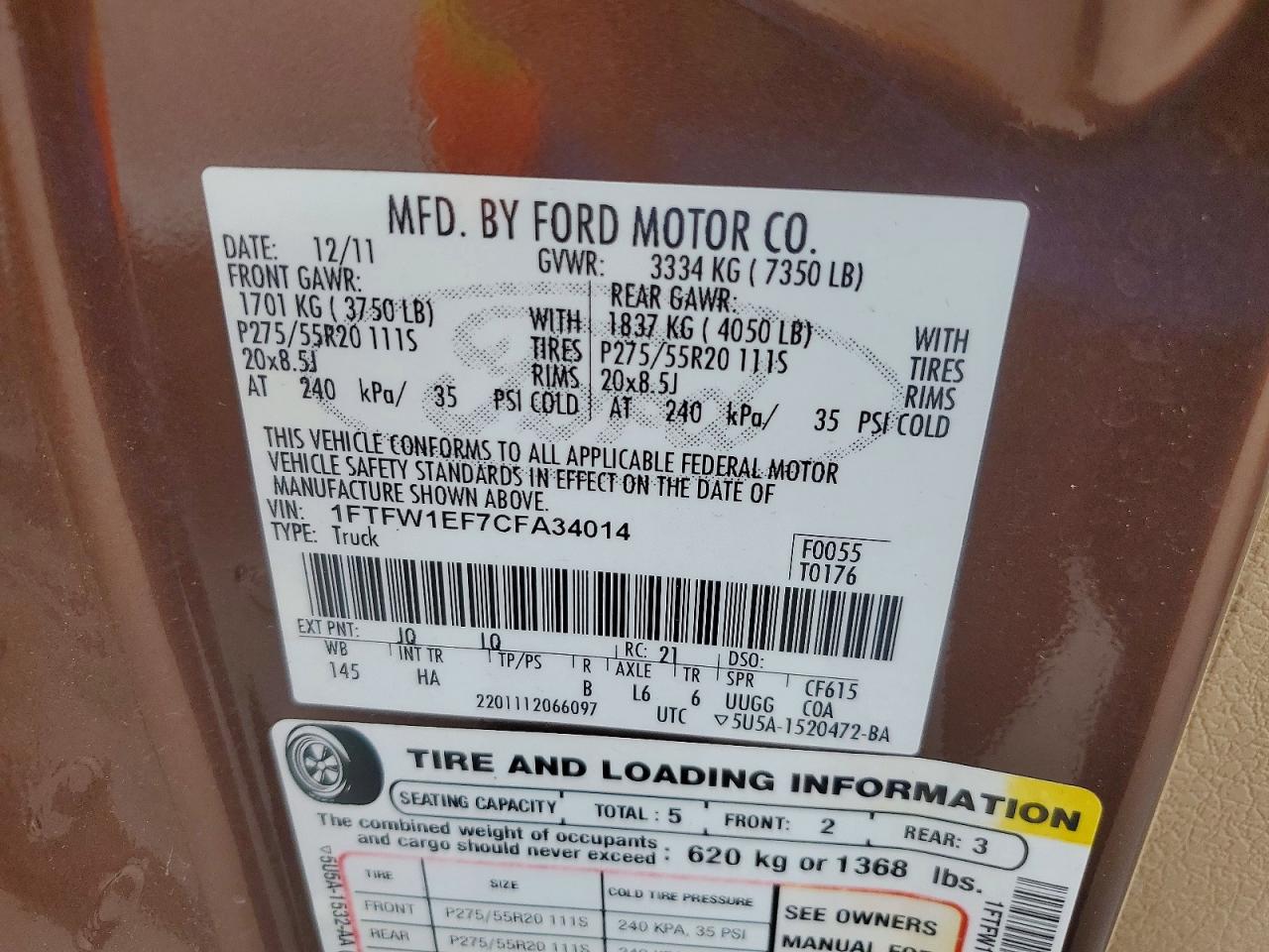 2012 Ford F150 Supercrew Brown vin: 1FTFW1EF7CFA34014