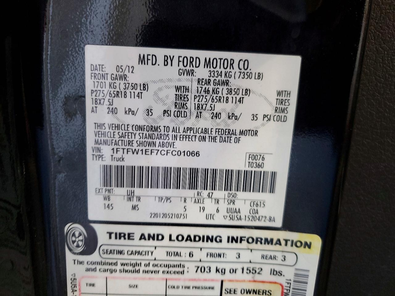 2012 Ford F150 Supercrew Black vin: 1FTFW1EF7CFC01066