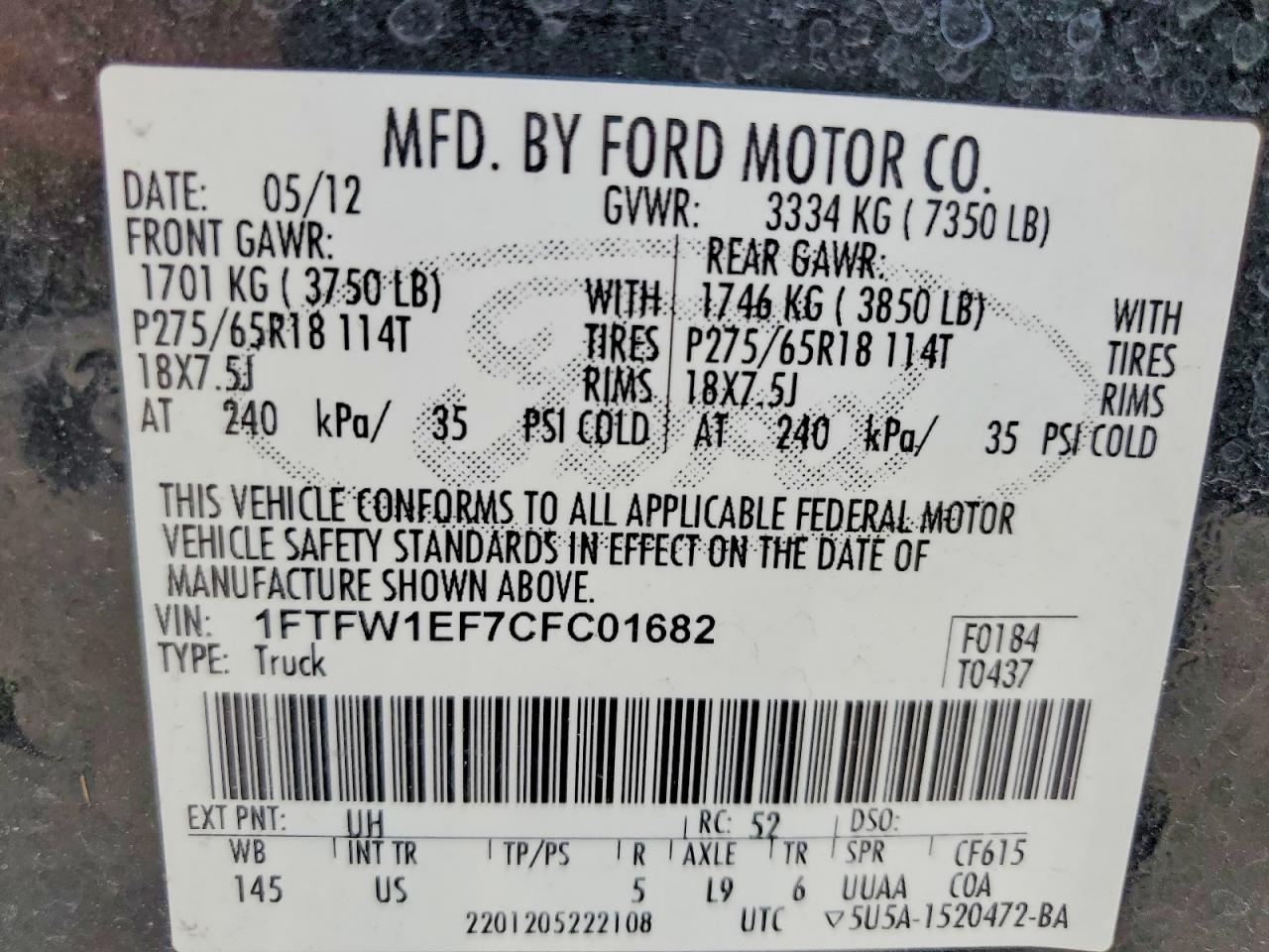 2012 Ford F150 Supercrew Black vin: 1FTFW1EF7CFC01682