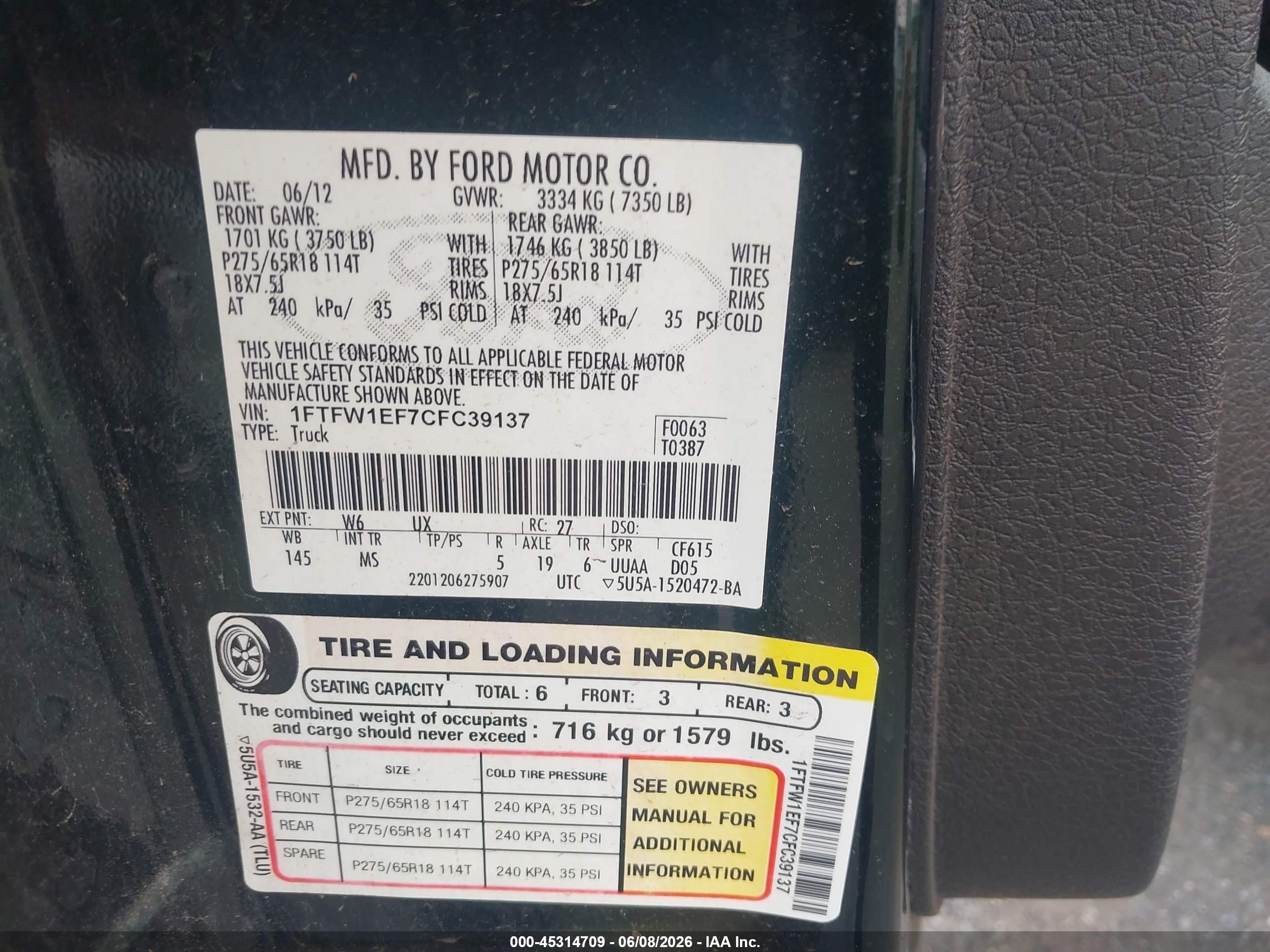 2012 Ford F-150 Xlt Черный vin: 1FTFW1EF7CFC39137