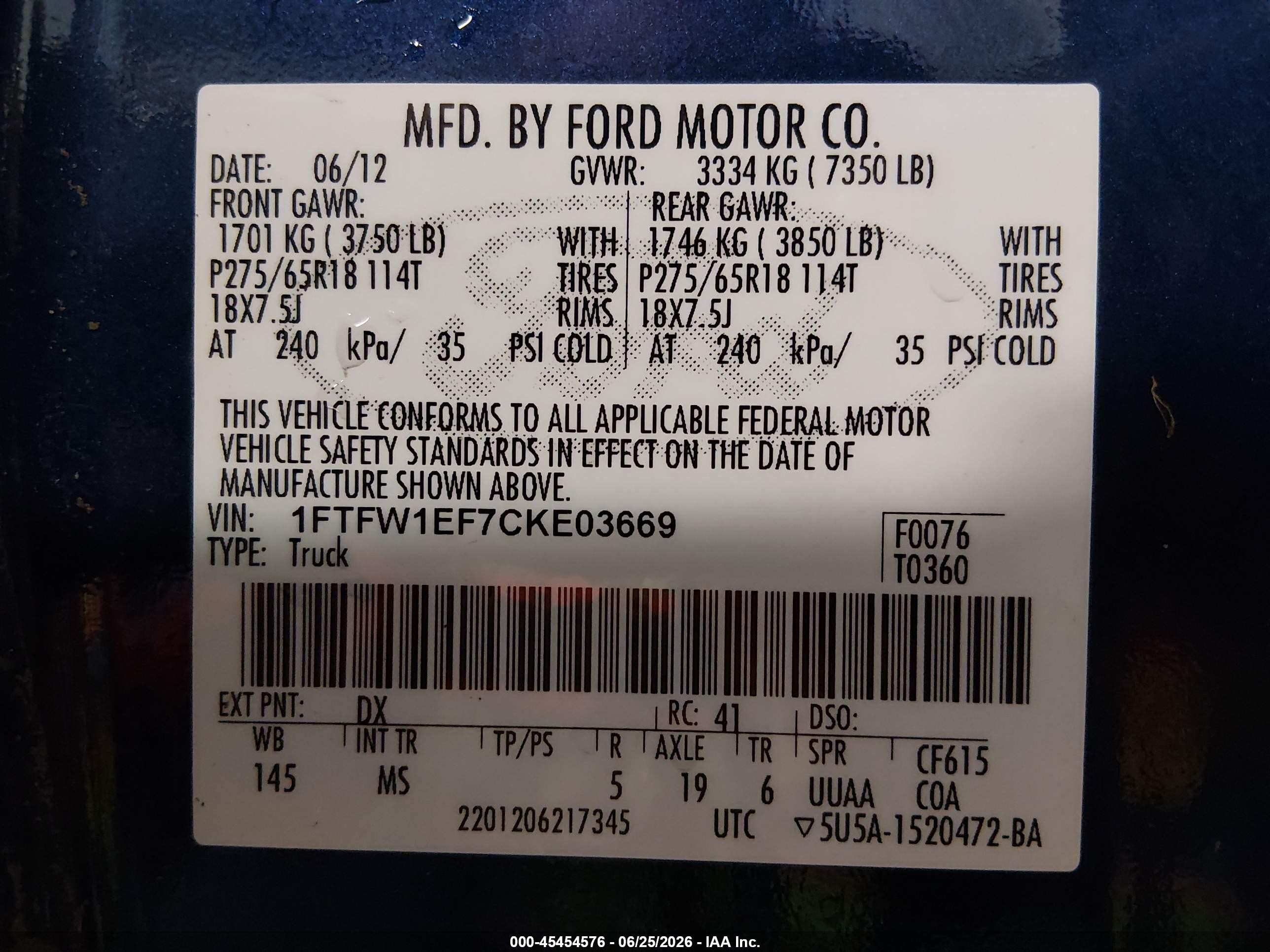 2012 Ford F-150 Fx4/king Ranch/lariat/platinum/xl/xlt Blue vin: 1FTFW1EF7CKE03669