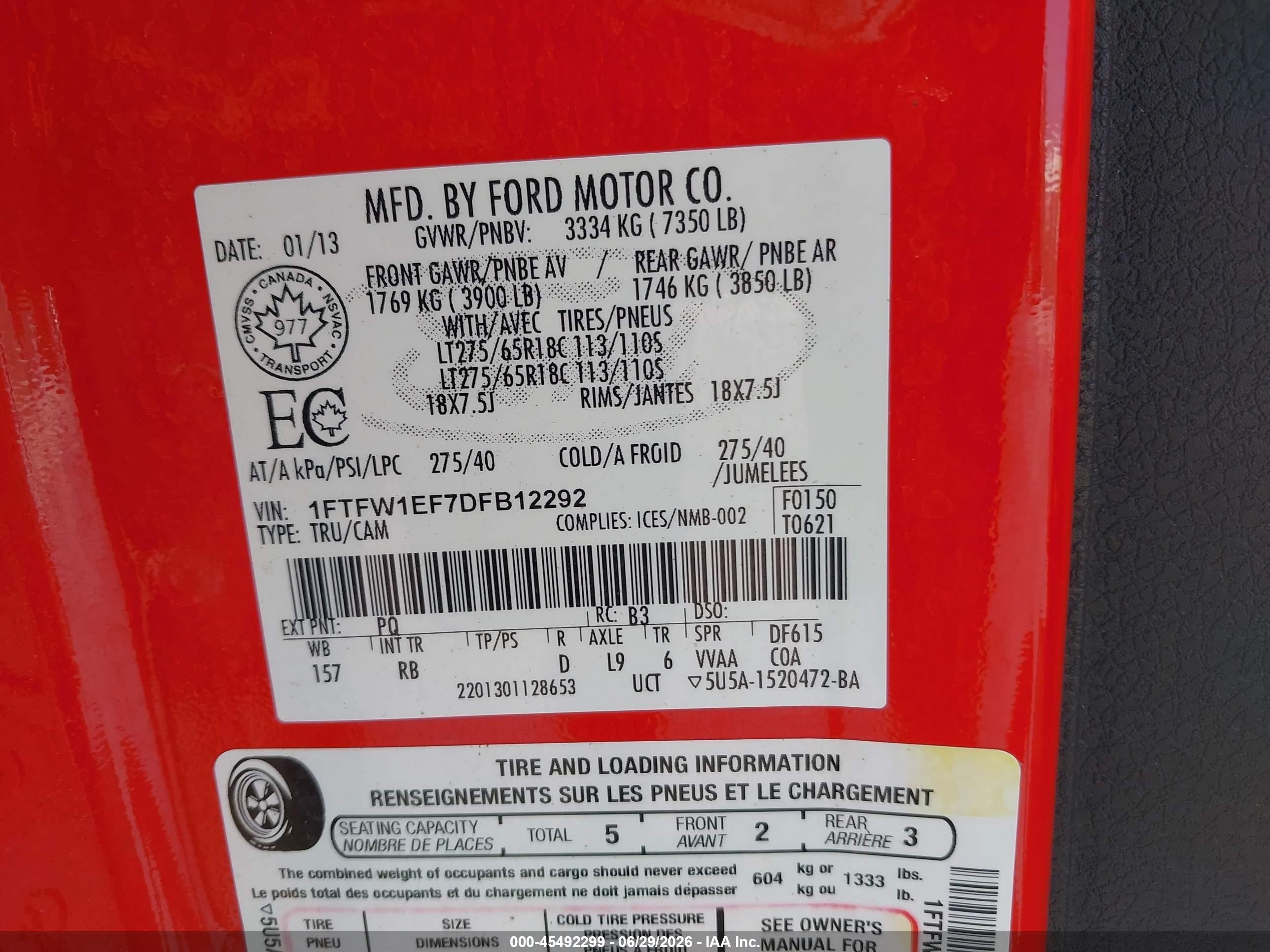 2013 Ford F-150 Fx4/king Ranch/lariat/platinum/xl/xlt Red vin: 1FTFW1EF7DFB12292