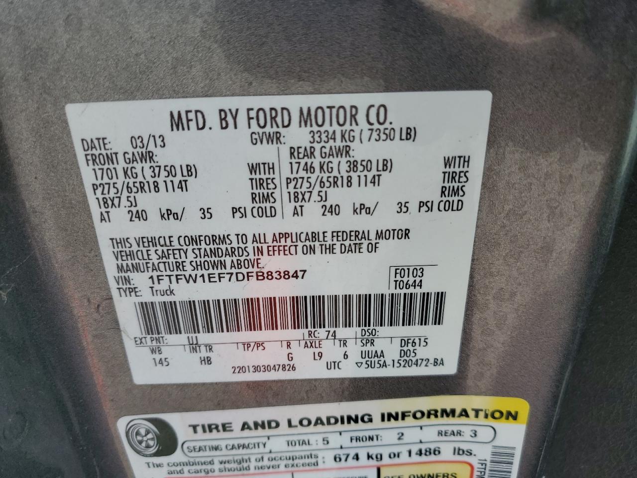 2013 Ford F150 Supercrew Gray vin: 1FTFW1EF7DFB83847