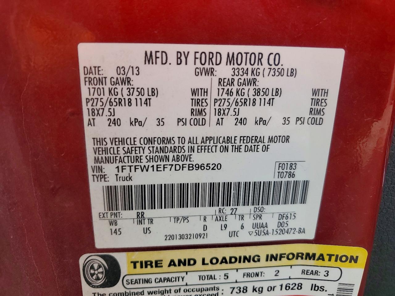 2013 Ford F150 Supercrew Red vin: 1FTFW1EF7DFB96520