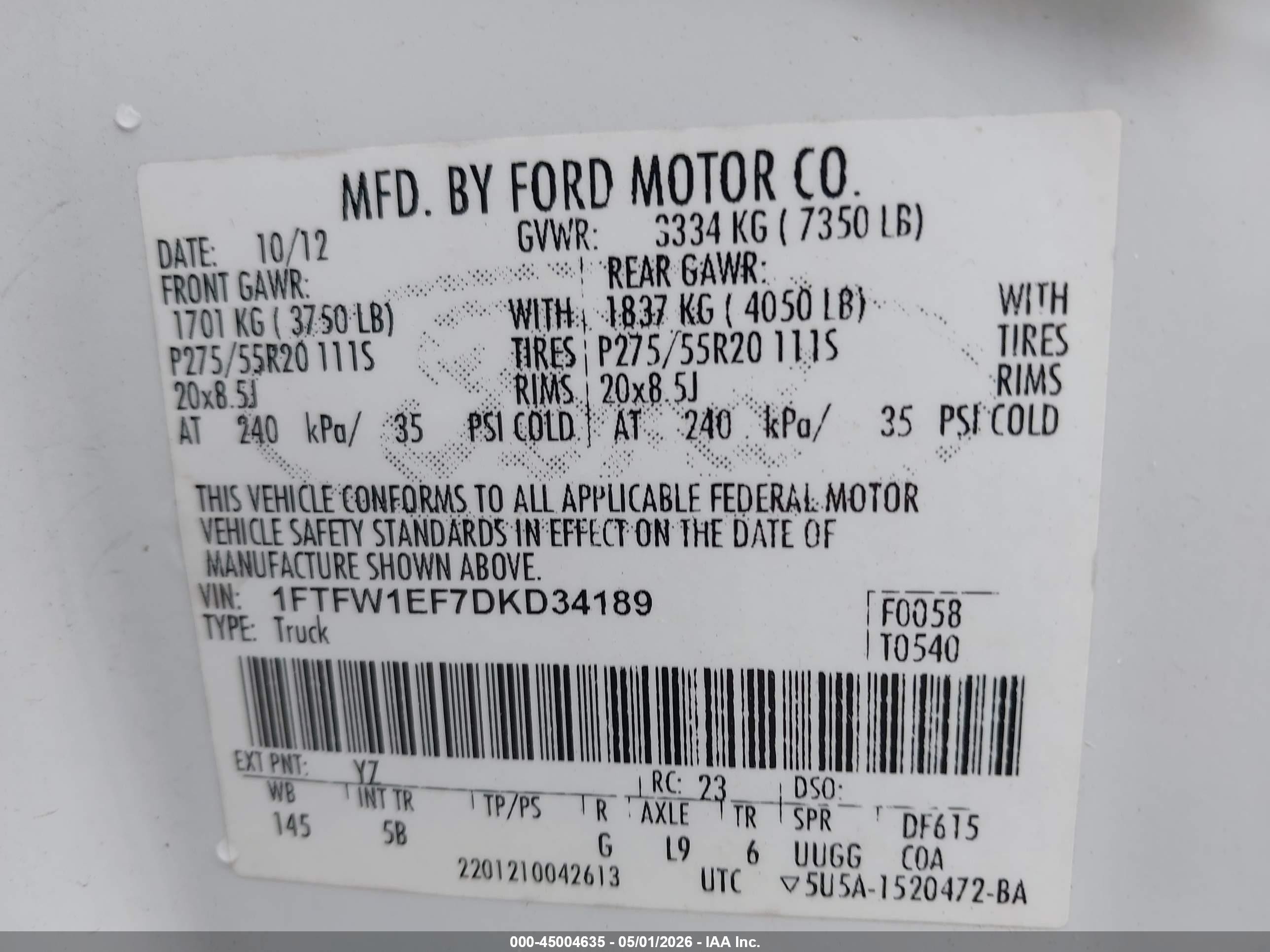 2013 Ford F-150 Fx4 White vin: 1FTFW1EF7DKD34189