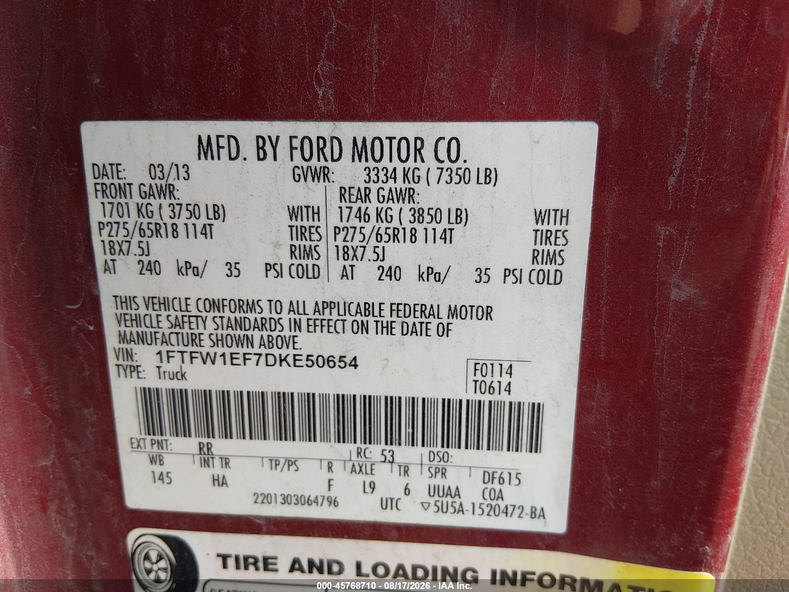 2013 Ford F-150 Lariat Red vin: 1FTFW1EF7DKE50654