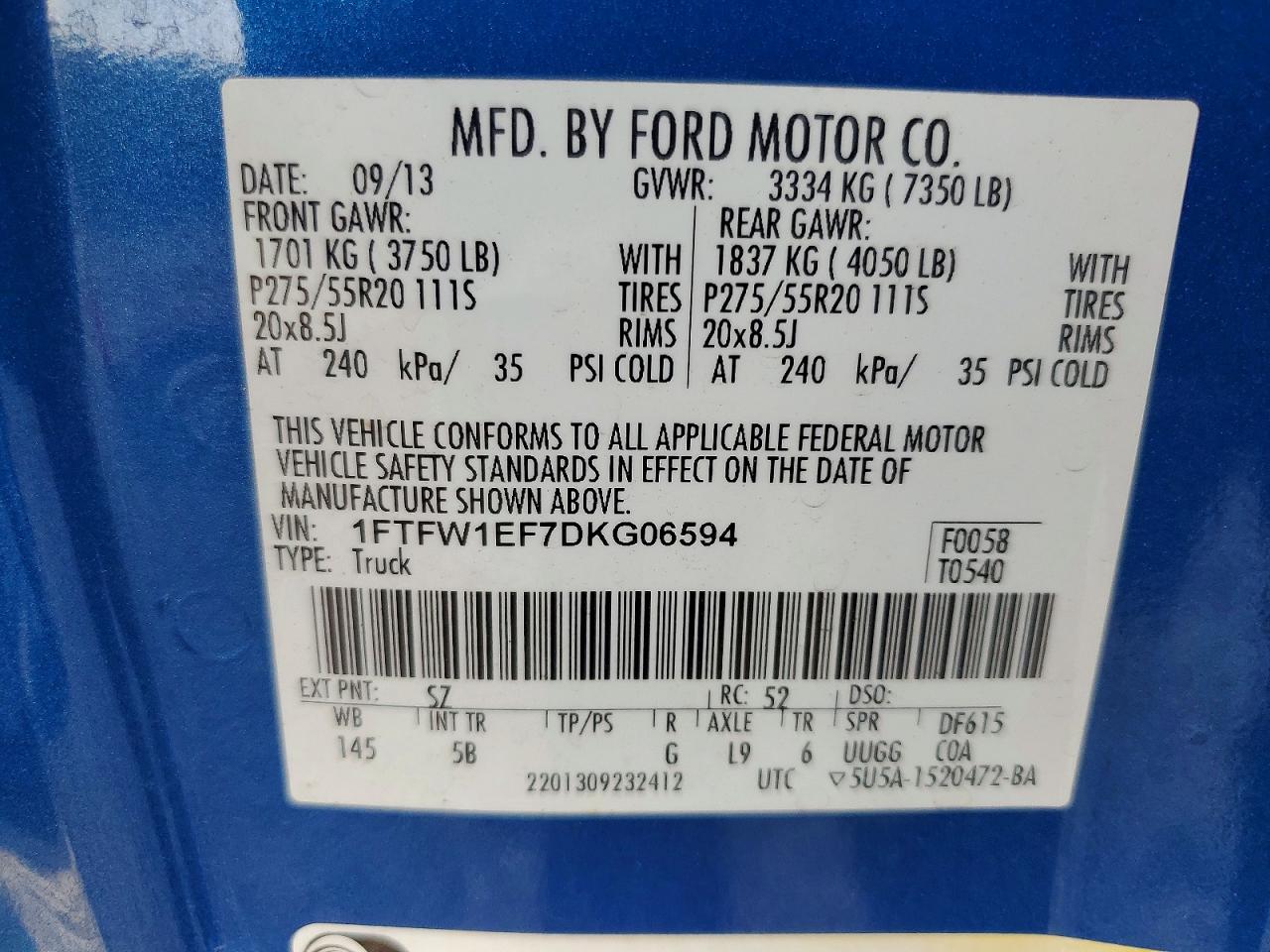 2013 Ford F150 Supercrew Blue vin: 1FTFW1EF7DKG06594