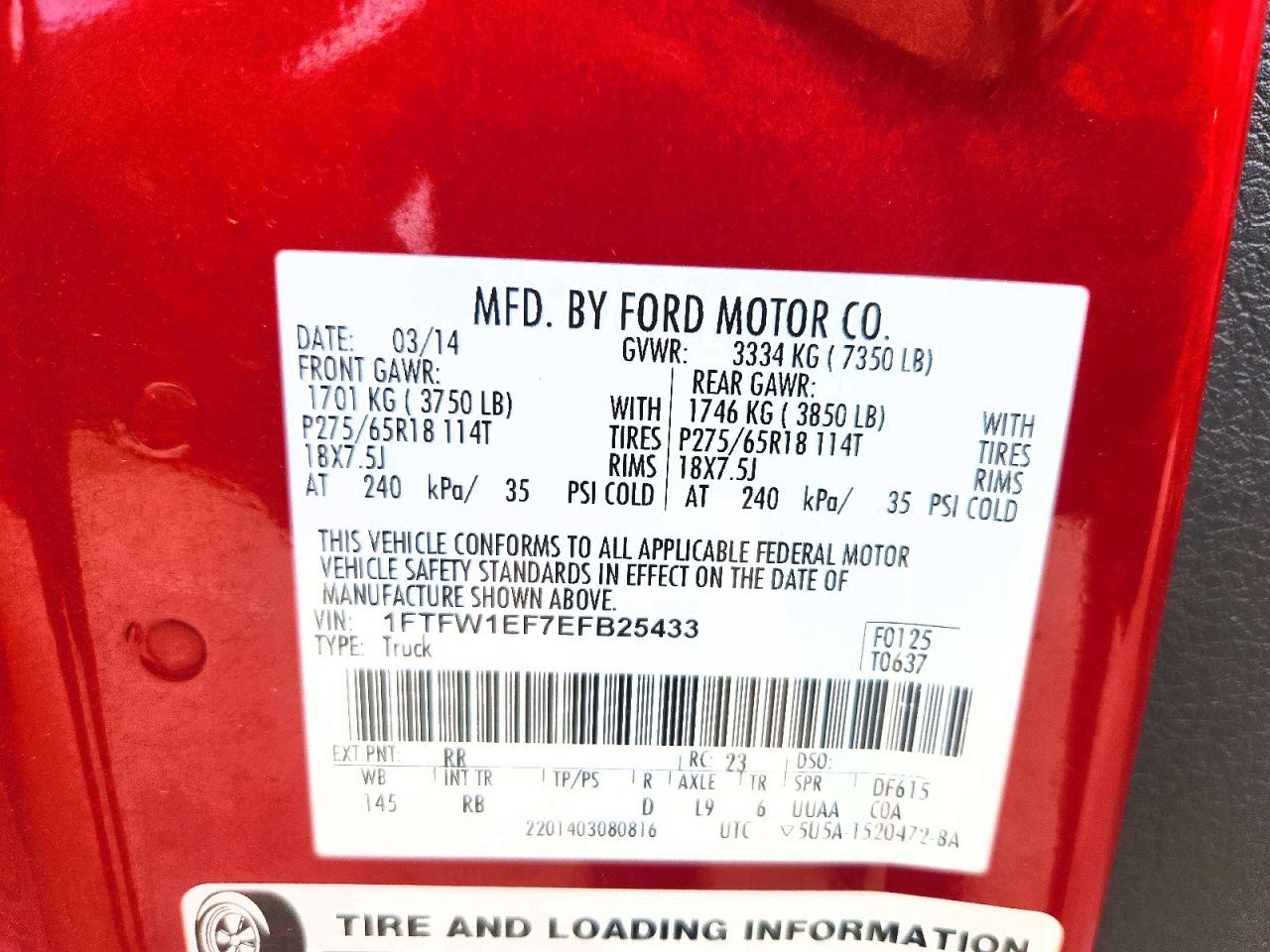 2014 Ford F150 Supercrew Red vin: 1FTFW1EF7EFB25433