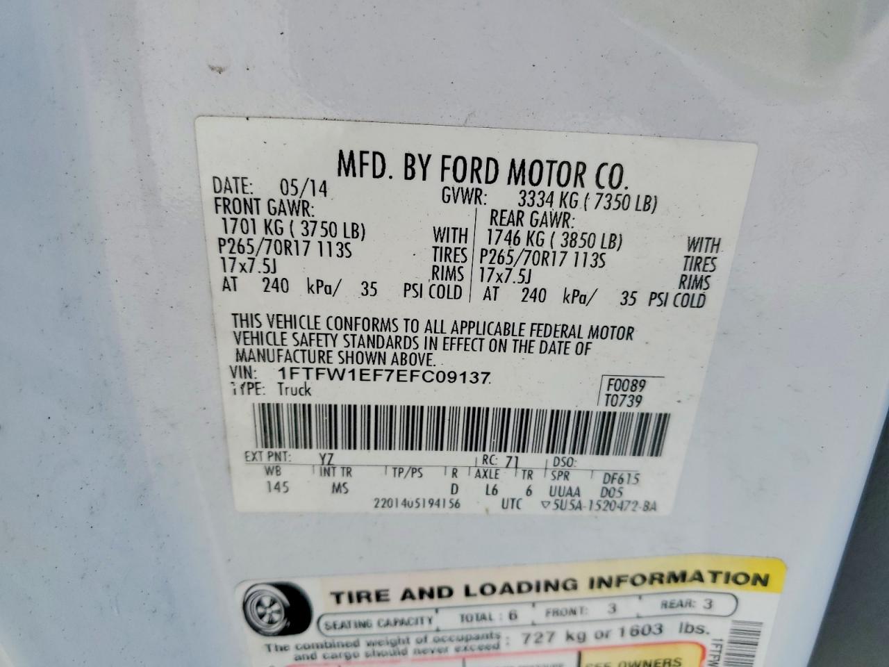 2014 Ford F150 Supercrew White vin: 1FTFW1EF7EFC09137