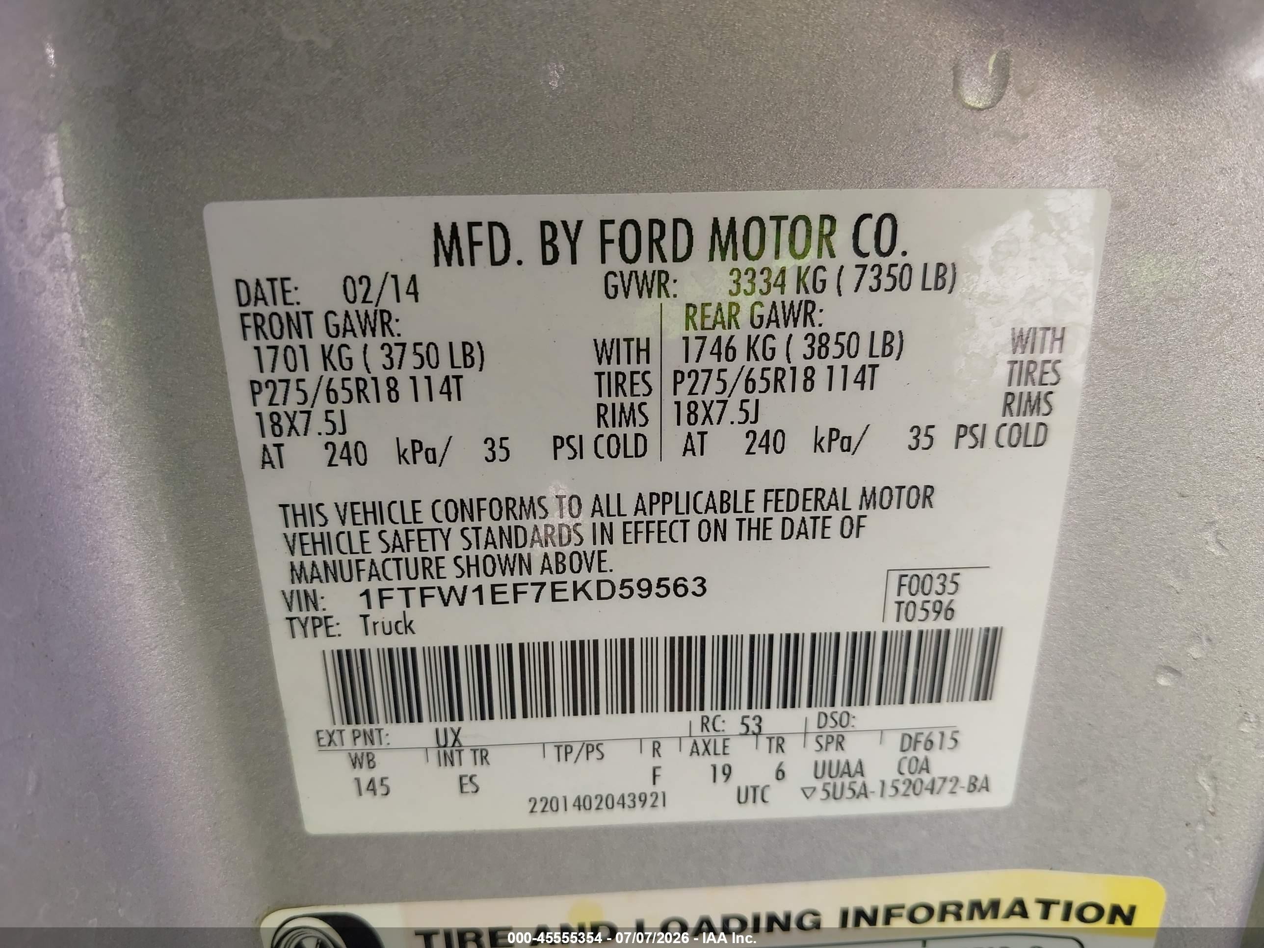 2014 Ford F-150 Fx4/king Ranch/lariat/platinum/stx/xl/xlt Silver vin: 1FTFW1EF7EKD59563