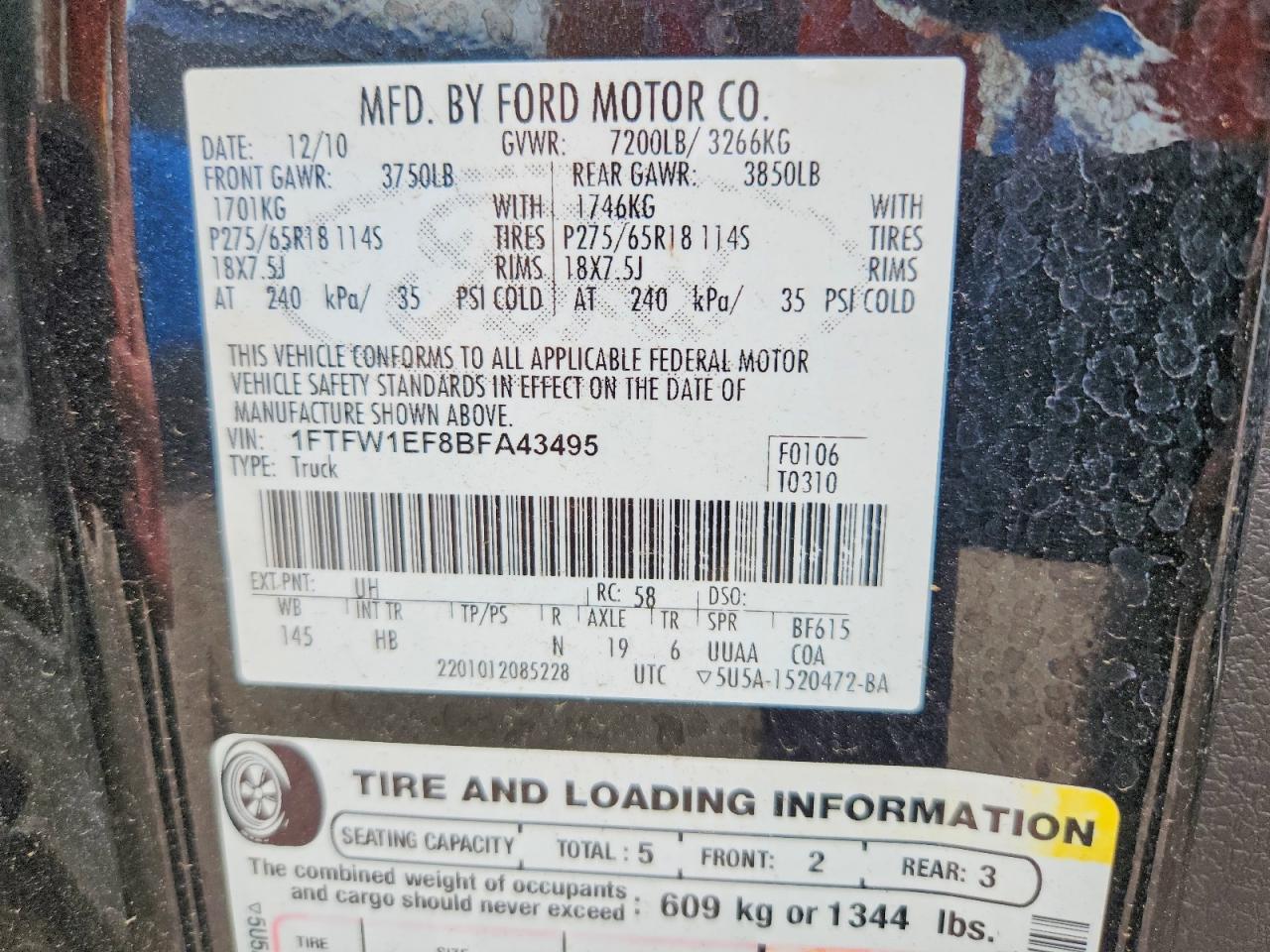 2011 Ford F150 Supercrew Black vin: 1FTFW1EF8BFA43495