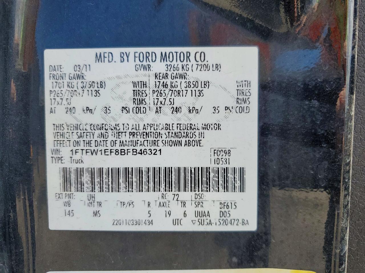 2011 Ford F150 Supercrew Black vin: 1FTFW1EF8BFB46321