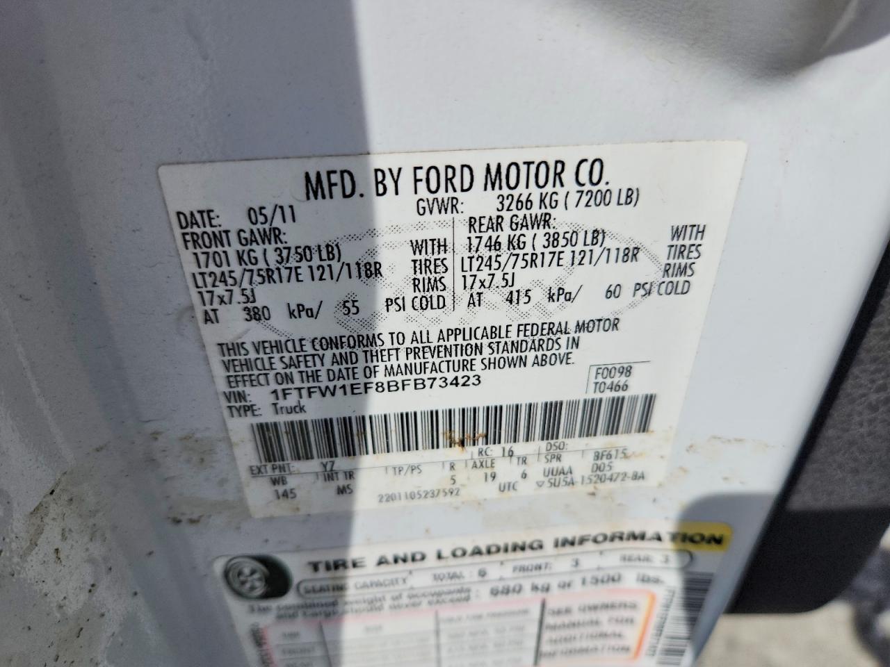 2011 Ford F150 Supercrew White vin: 1FTFW1EF8BFB73423