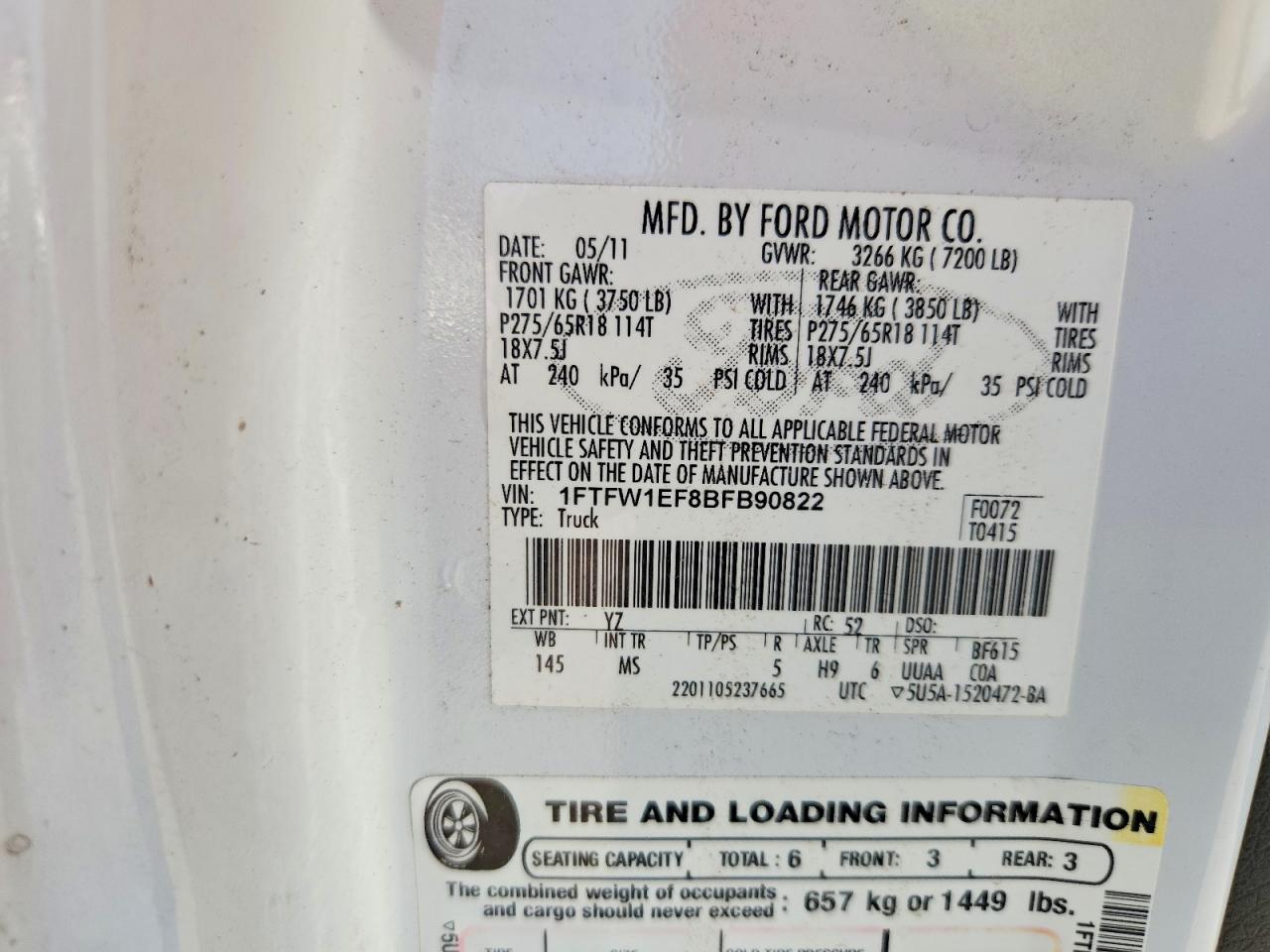 2011 Ford F150 Supercrew White vin: 1FTFW1EF8BFB90822