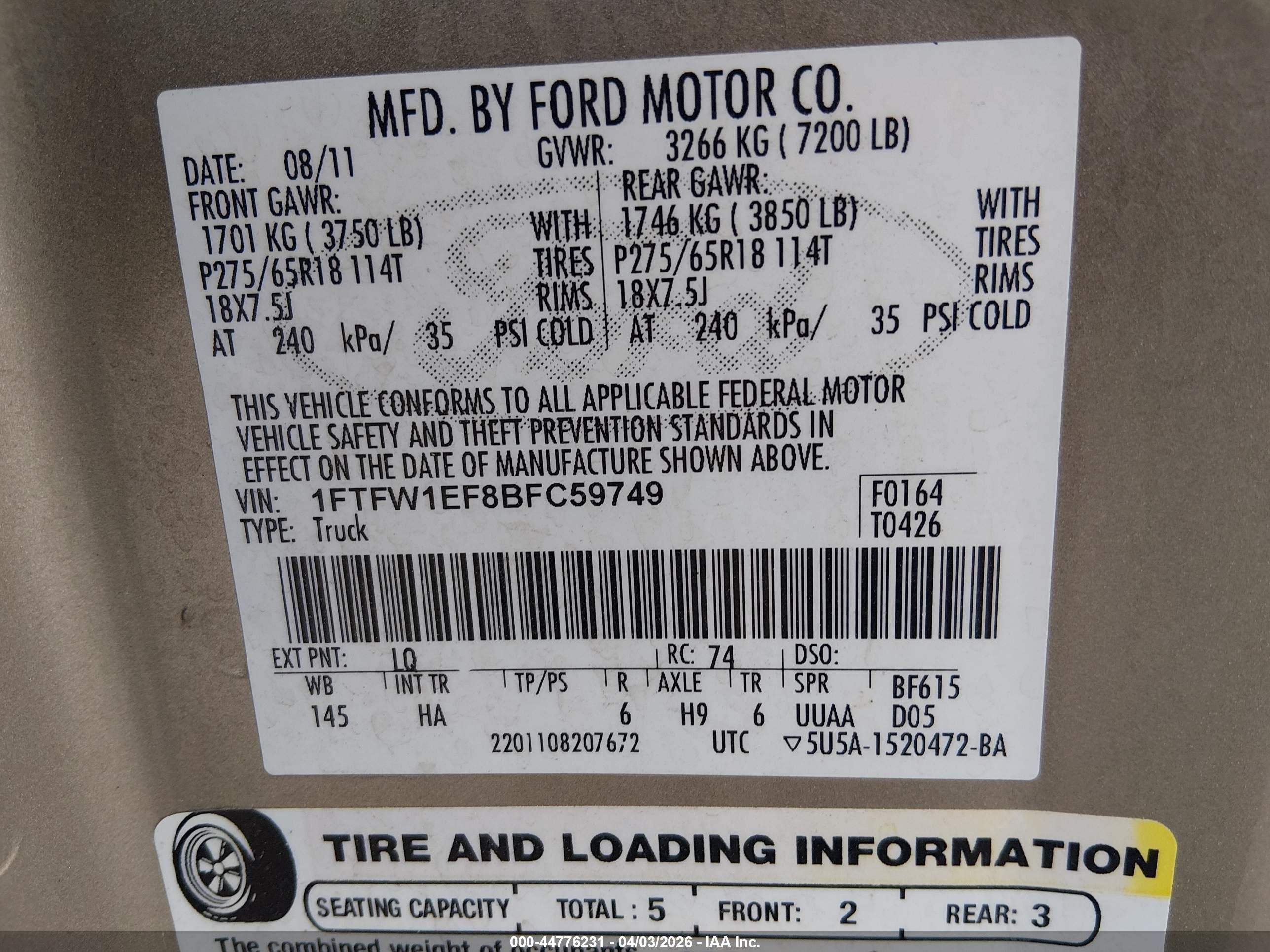 2011 Ford F-150 Lariat Beige vin: 1FTFW1EF8BFC59749