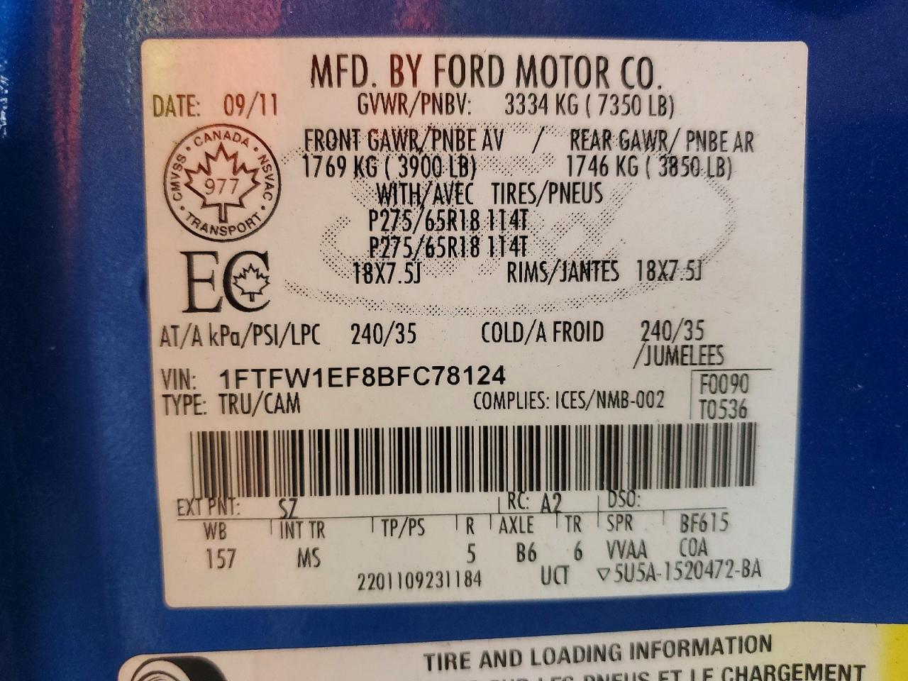 2011 Ford F150 Supercrew Blue vin: 1FTFW1EF8BFC78124