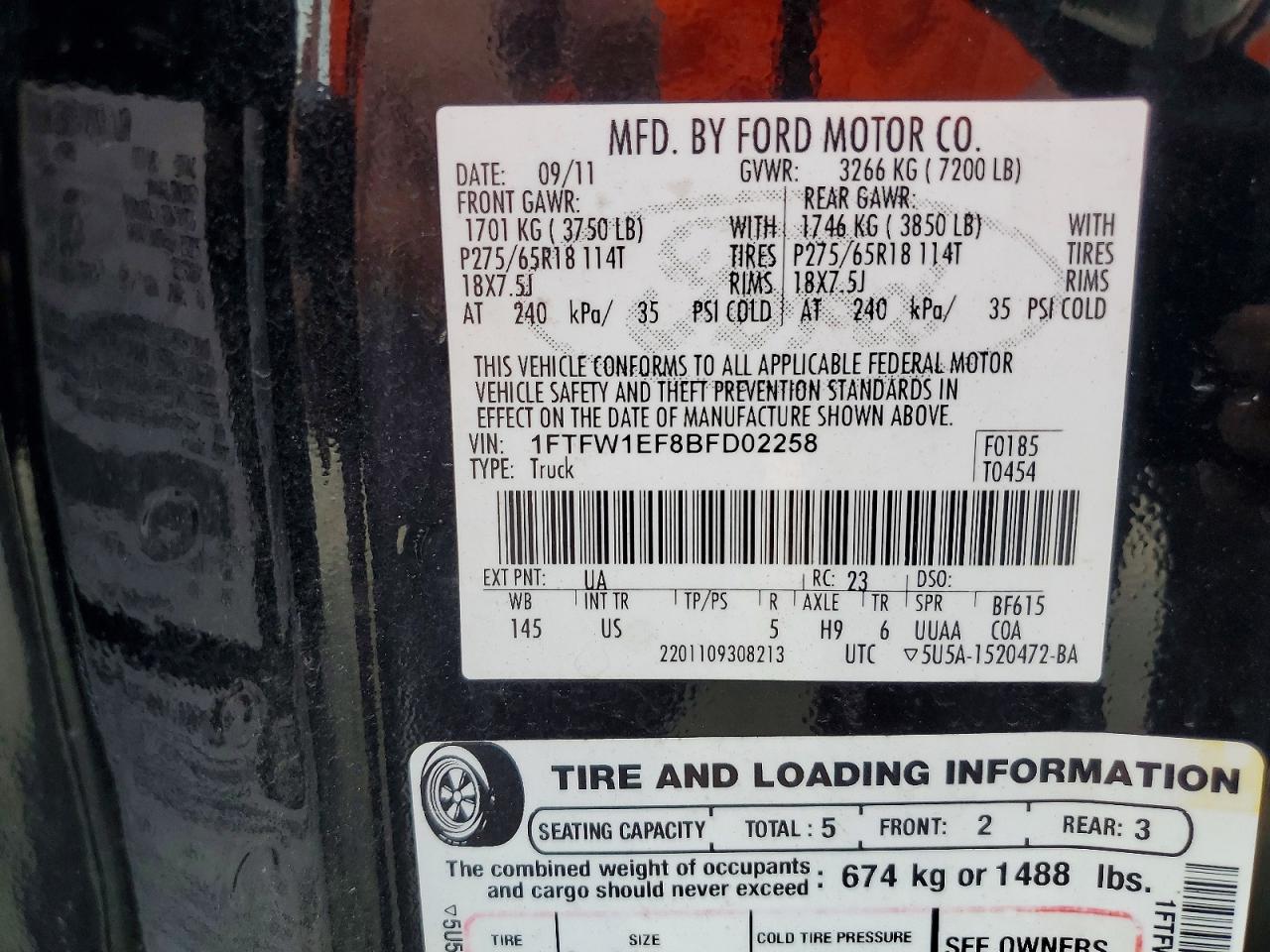 2011 Ford F150 Black vin: 1FTFW1EF8BFD02258