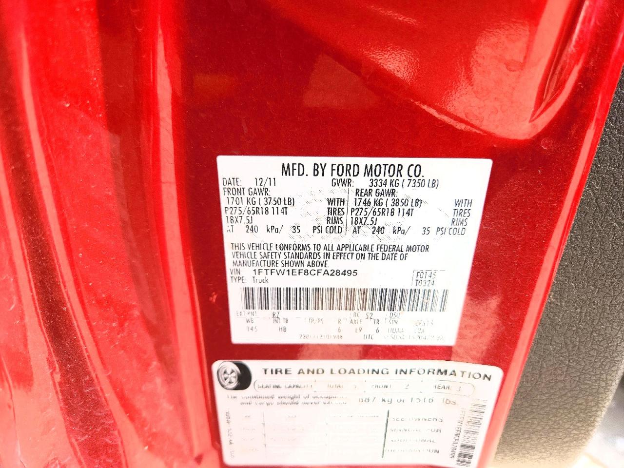 2012 Ford F150 Supercrew Red vin: 1FTFW1EF8CFA28495