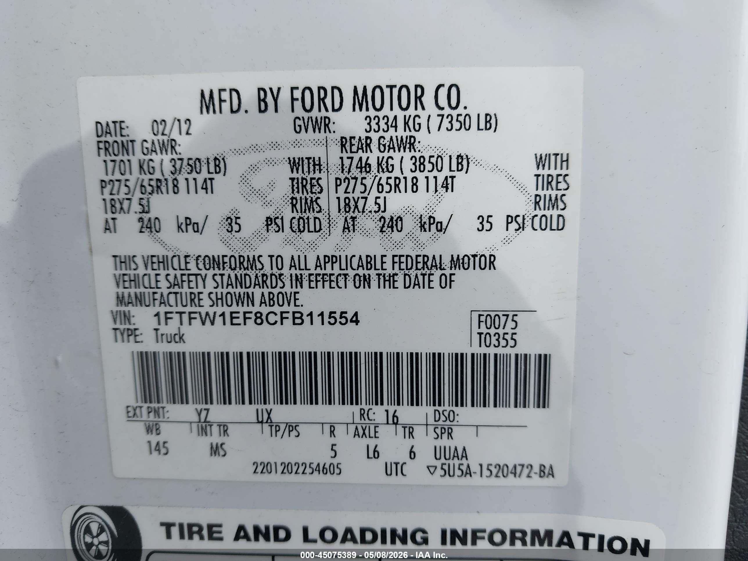 2012 Ford F-150 Xlt White vin: 1FTFW1EF8CFB11554