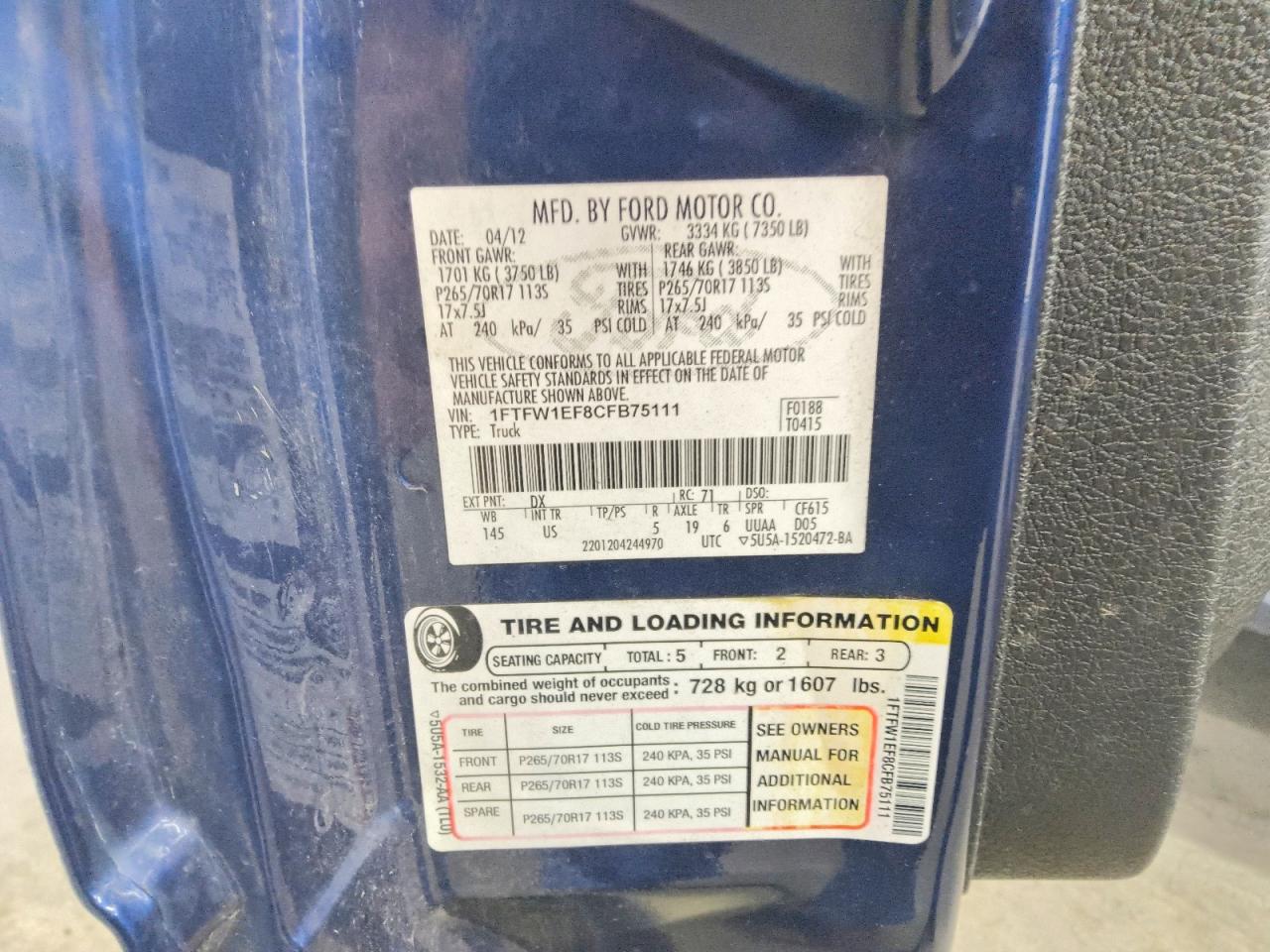 2012 Ford F150 Supercrew Blue vin: 1FTFW1EF8CFB75111