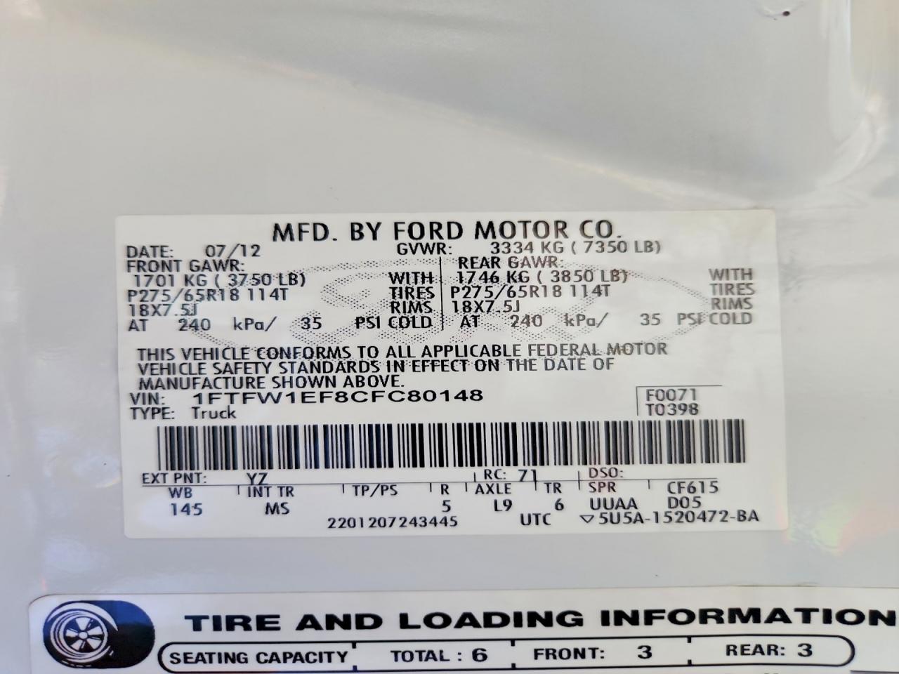 2012 Ford F150 Supercrew White vin: 1FTFW1EF8CFC80148