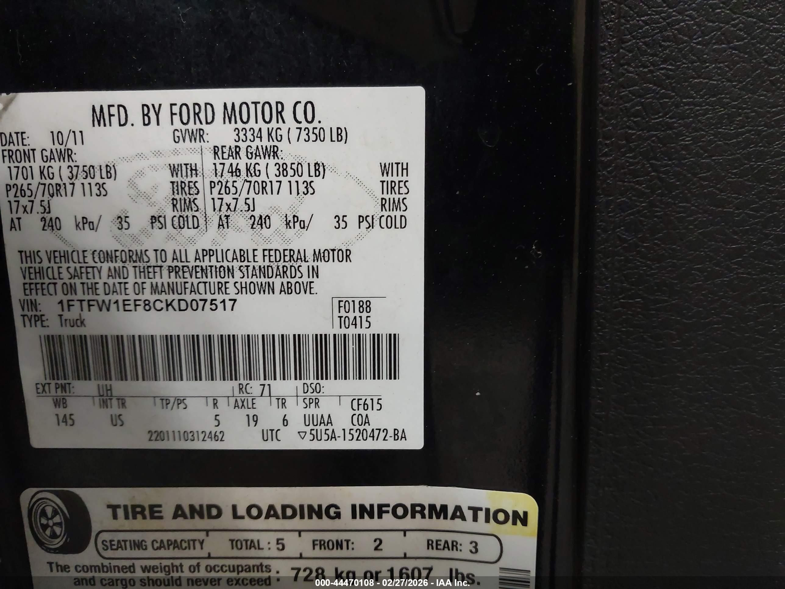 2012 Ford F-150 Xlt Black vin: 1FTFW1EF8CKD07517