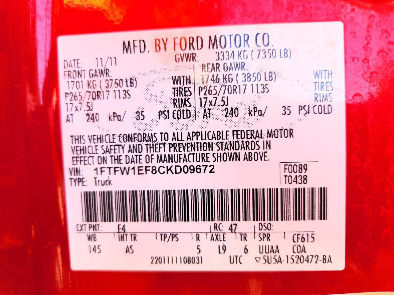 2012 Ford F150 Supercrew Red vin: 1FTFW1EF8CKD09672