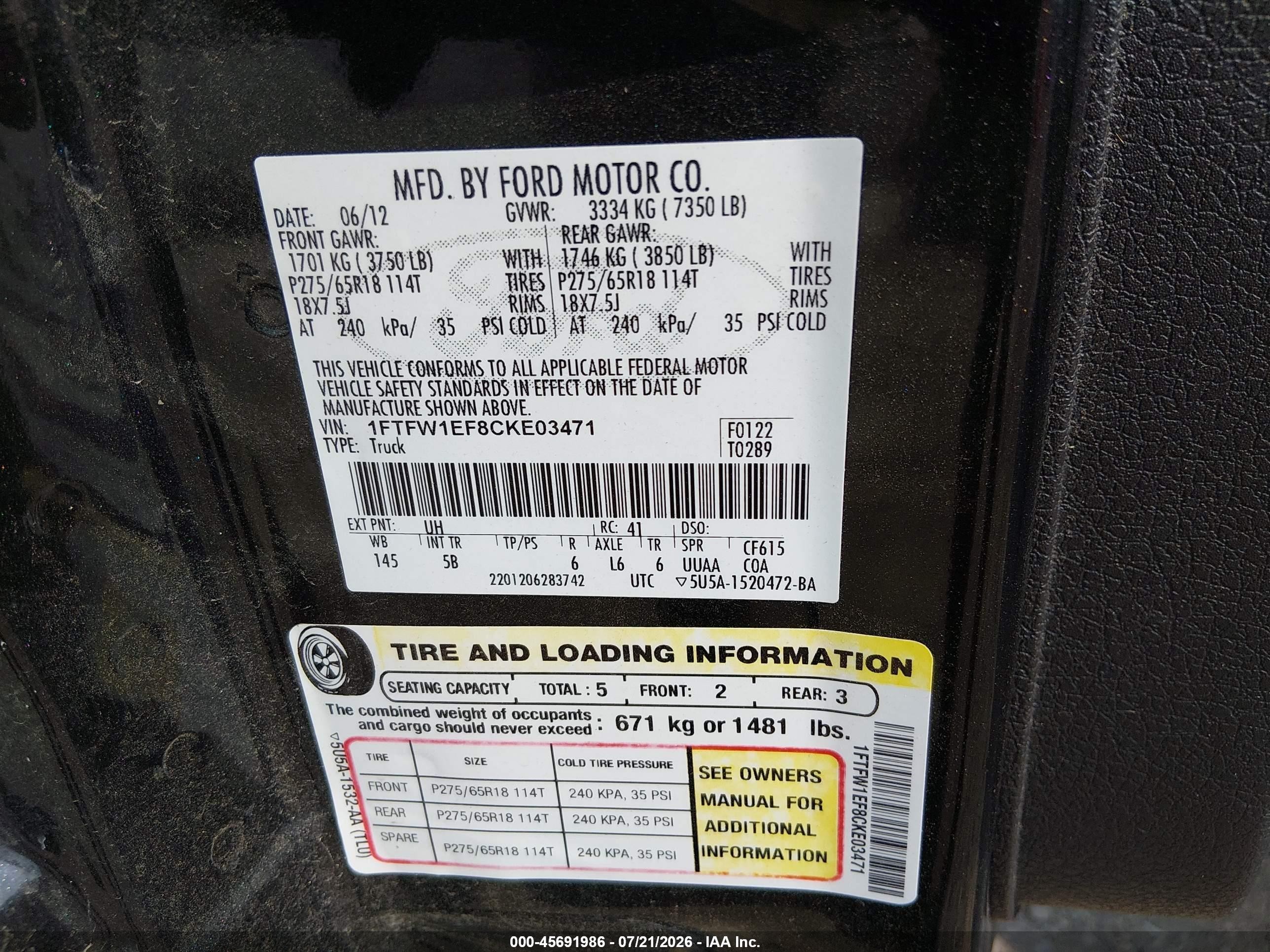 2012 Ford F-150 Fx4/king Ranch/lariat/platinum/xl/xlt Black vin: 1FTFW1EF8CKE03471
