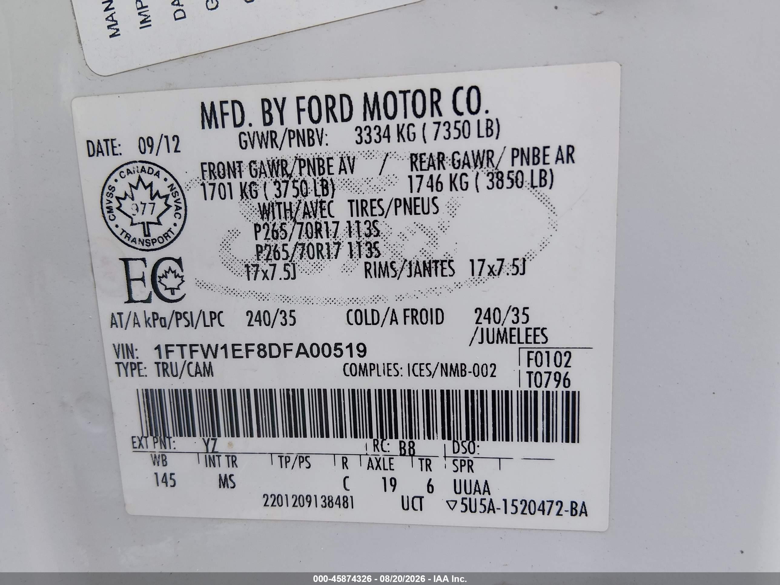 2013 Ford F-150 Xlt White vin: 1FTFW1EF8DFA00519