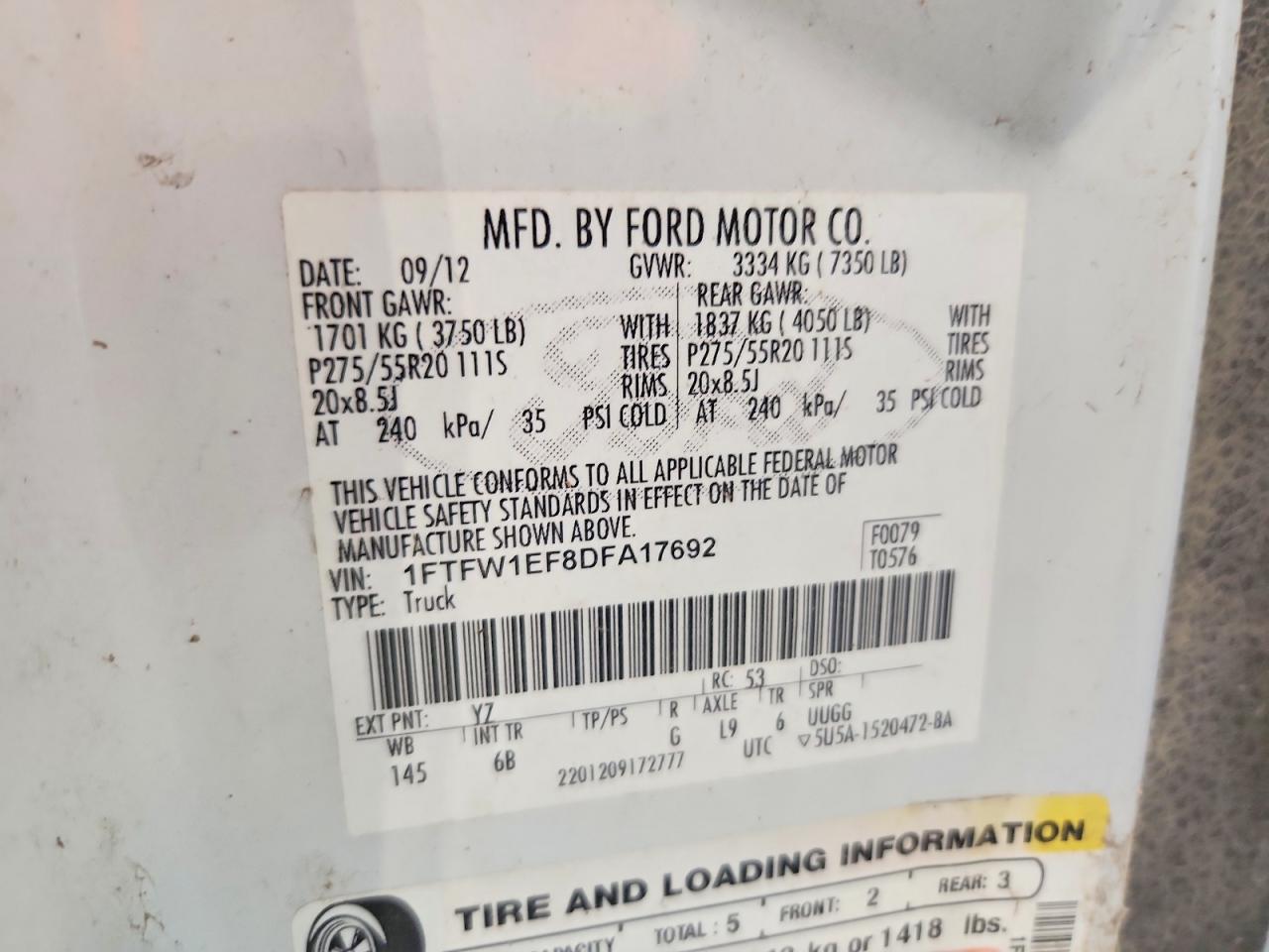 2013 Ford F150 Supercrew White vin: 1FTFW1EF8DFA17692