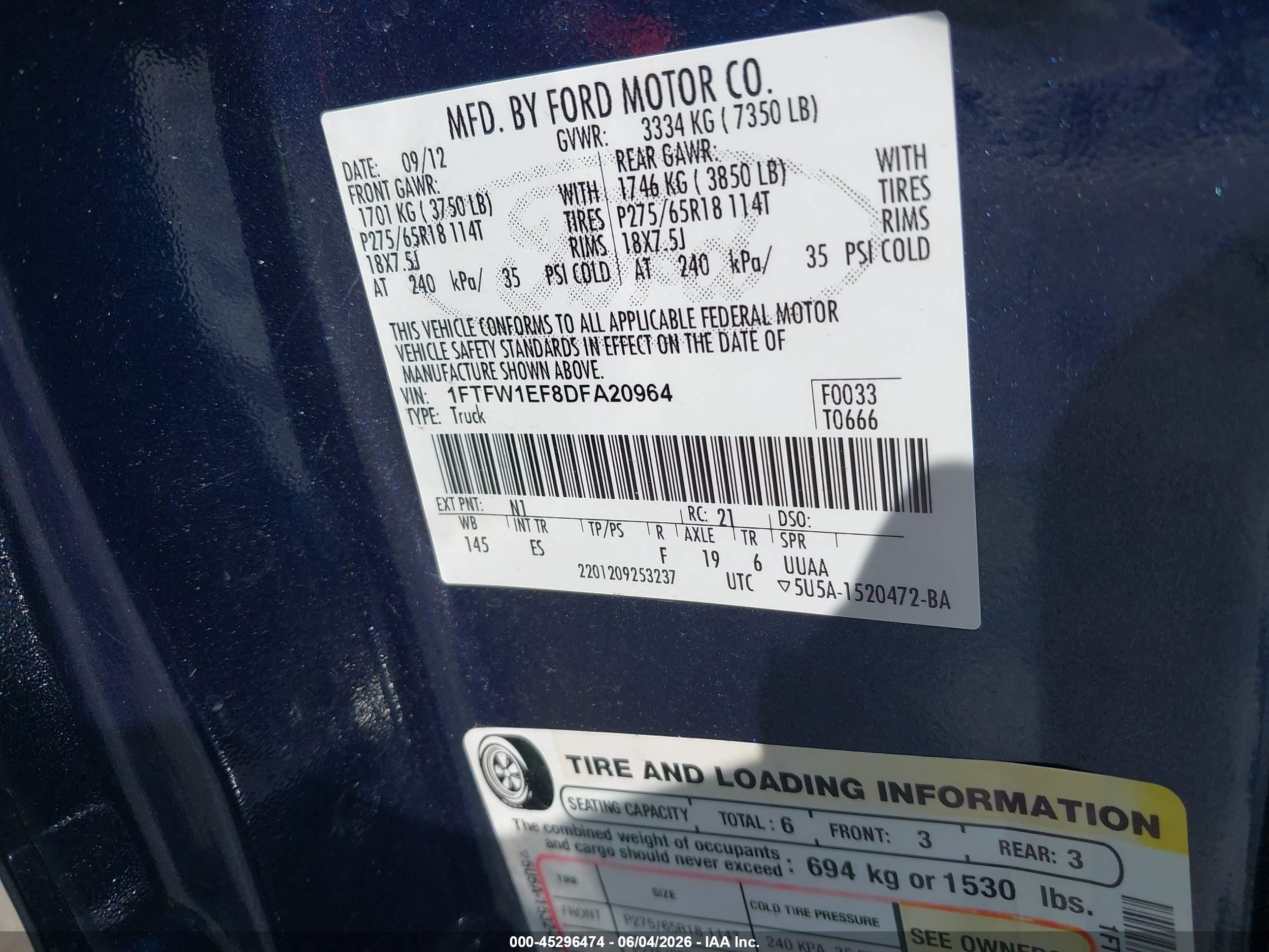 2013 Ford F-150 Lariat Blue vin: 1FTFW1EF8DFA20964
