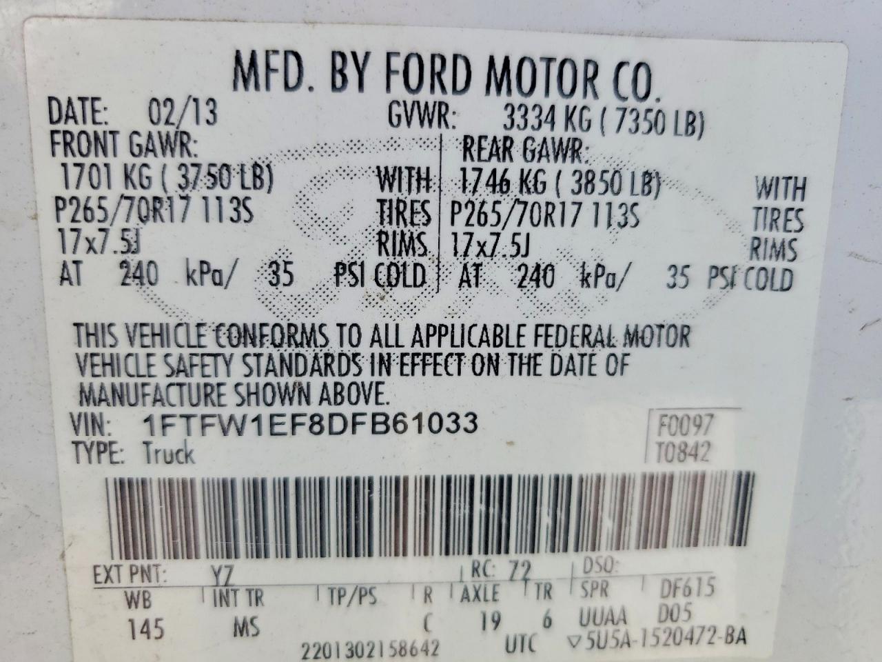 2013 Ford F150 Supercrew White vin: 1FTFW1EF8DFB61033