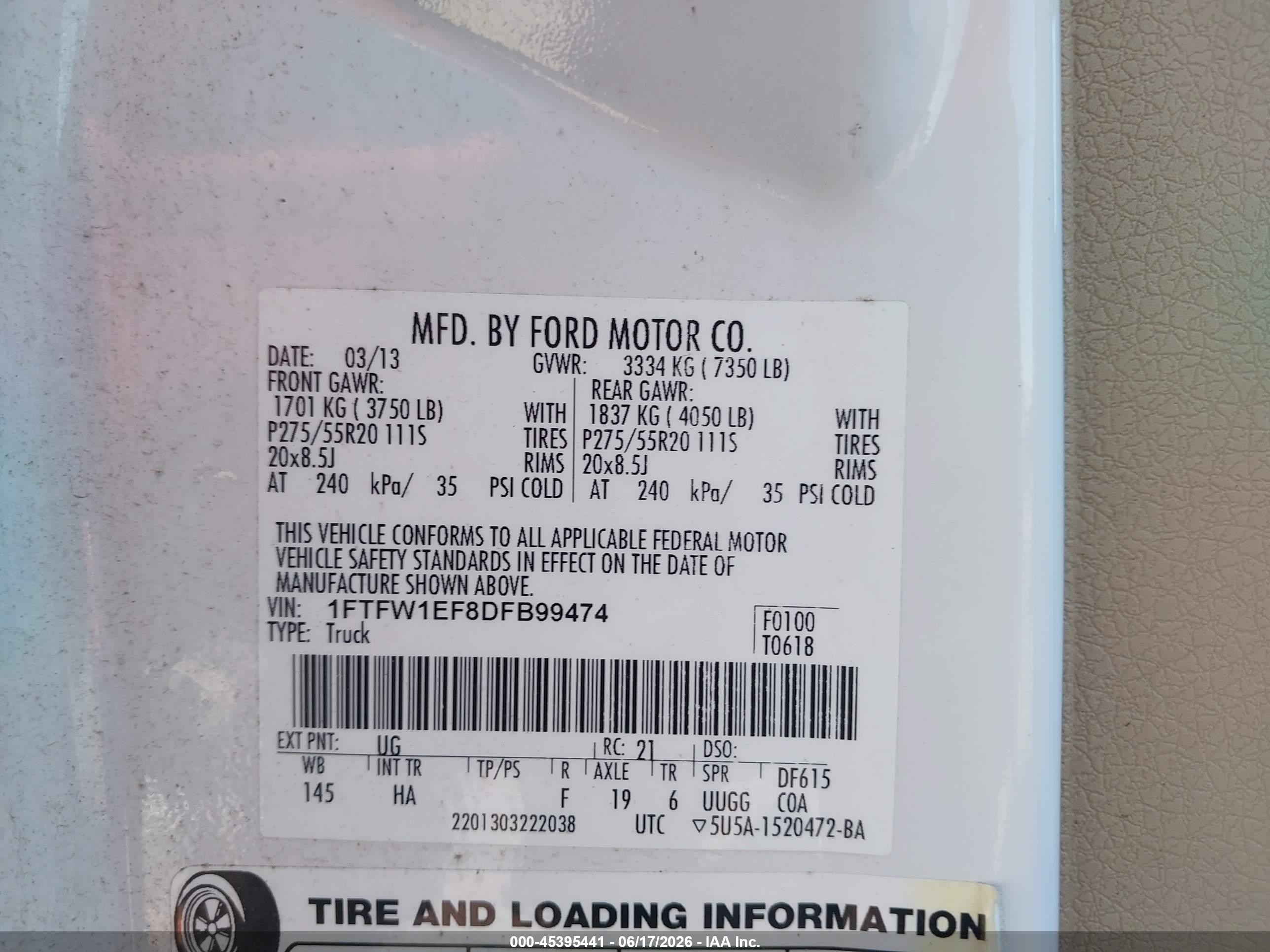 2013 Ford F-150 Fx4/king Ranch/lariat/platinum/xl/xlt White vin: 1FTFW1EF8DFB99474