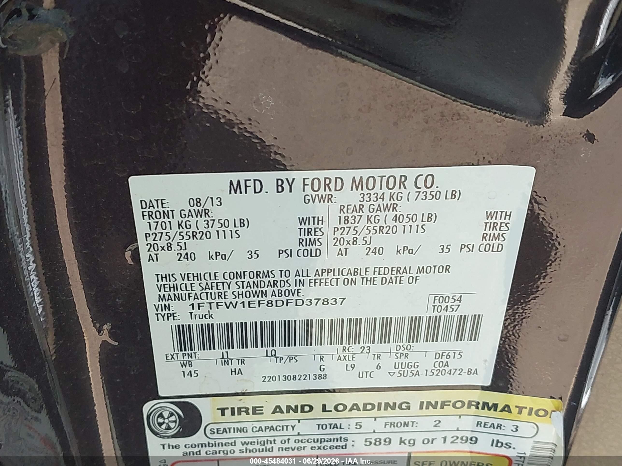 2013 Ford F-150 Fx4/king Ranch/lariat/platinum/xl/xlt Black vin: 1FTFW1EF8DFD37837
