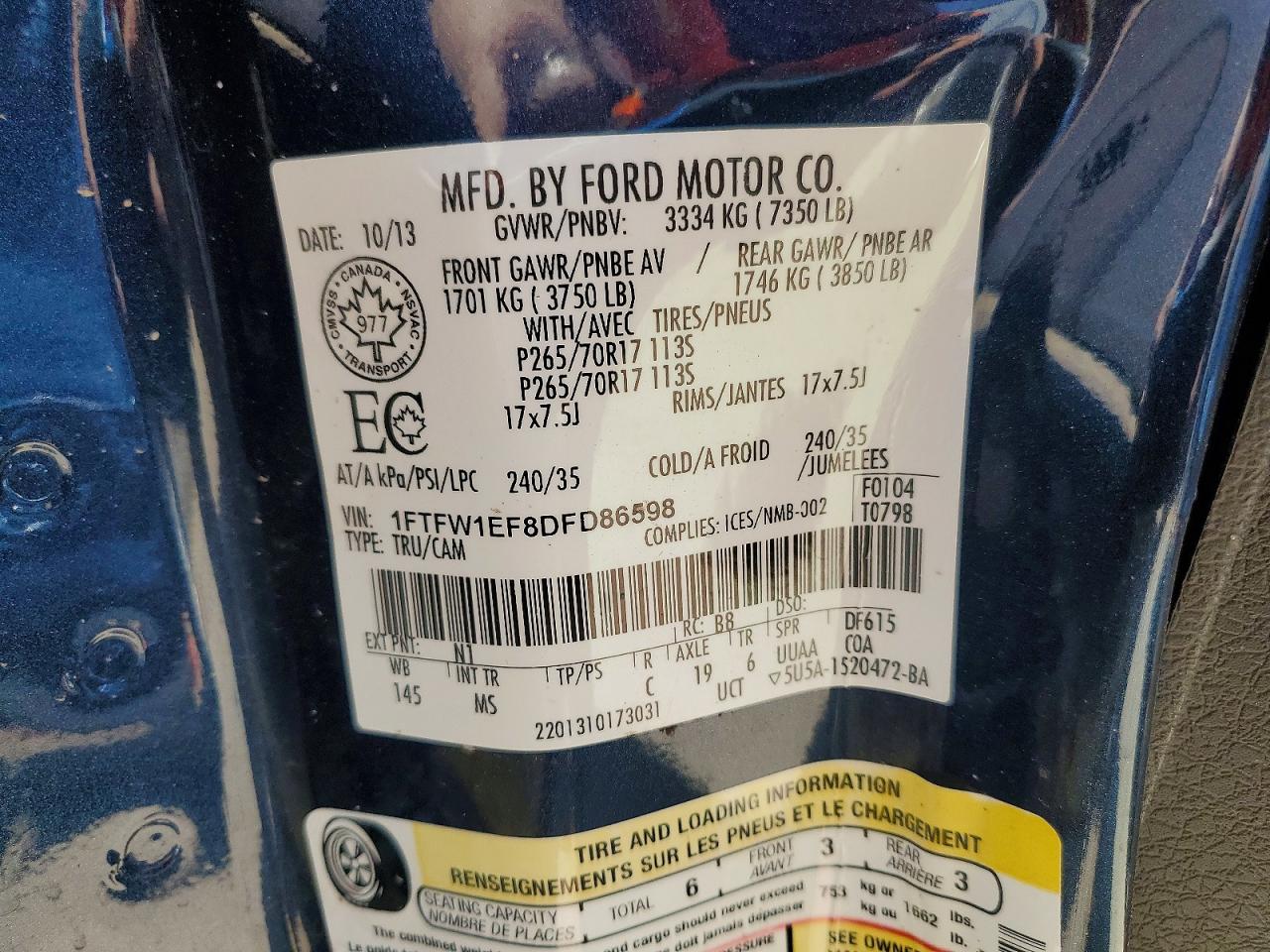 2013 Ford F150 Supercrew Blue vin: 1FTFW1EF8DFD86598