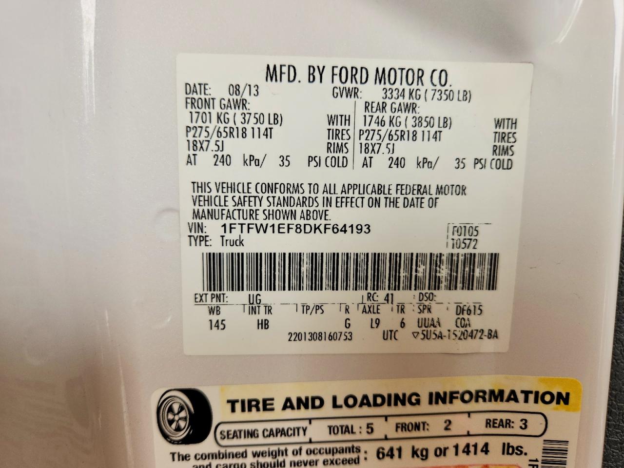 2013 Ford F150 Supercrew White vin: 1FTFW1EF8DKF64193