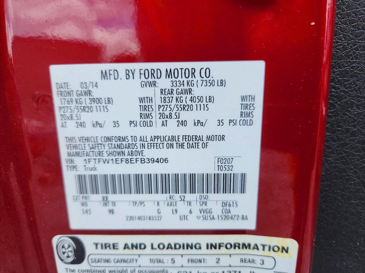 2014 Ford F150 Supercrew Red vin: 1FTFW1EF8EFB39406