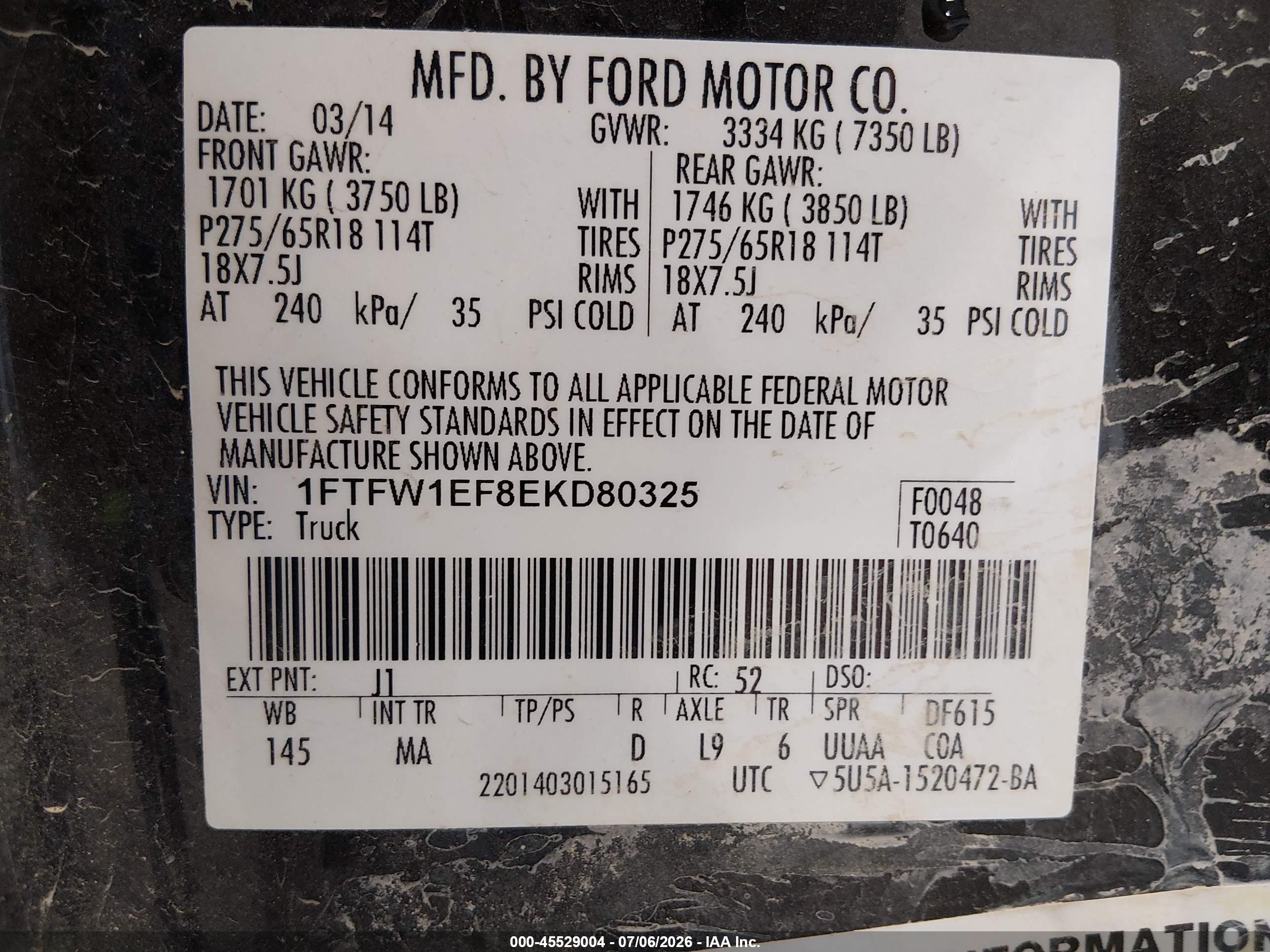 2014 Ford F-150 Fx4/king Ranch/lariat/platinum/stx/xl/xlt Black vin: 1FTFW1EF8EKD80325