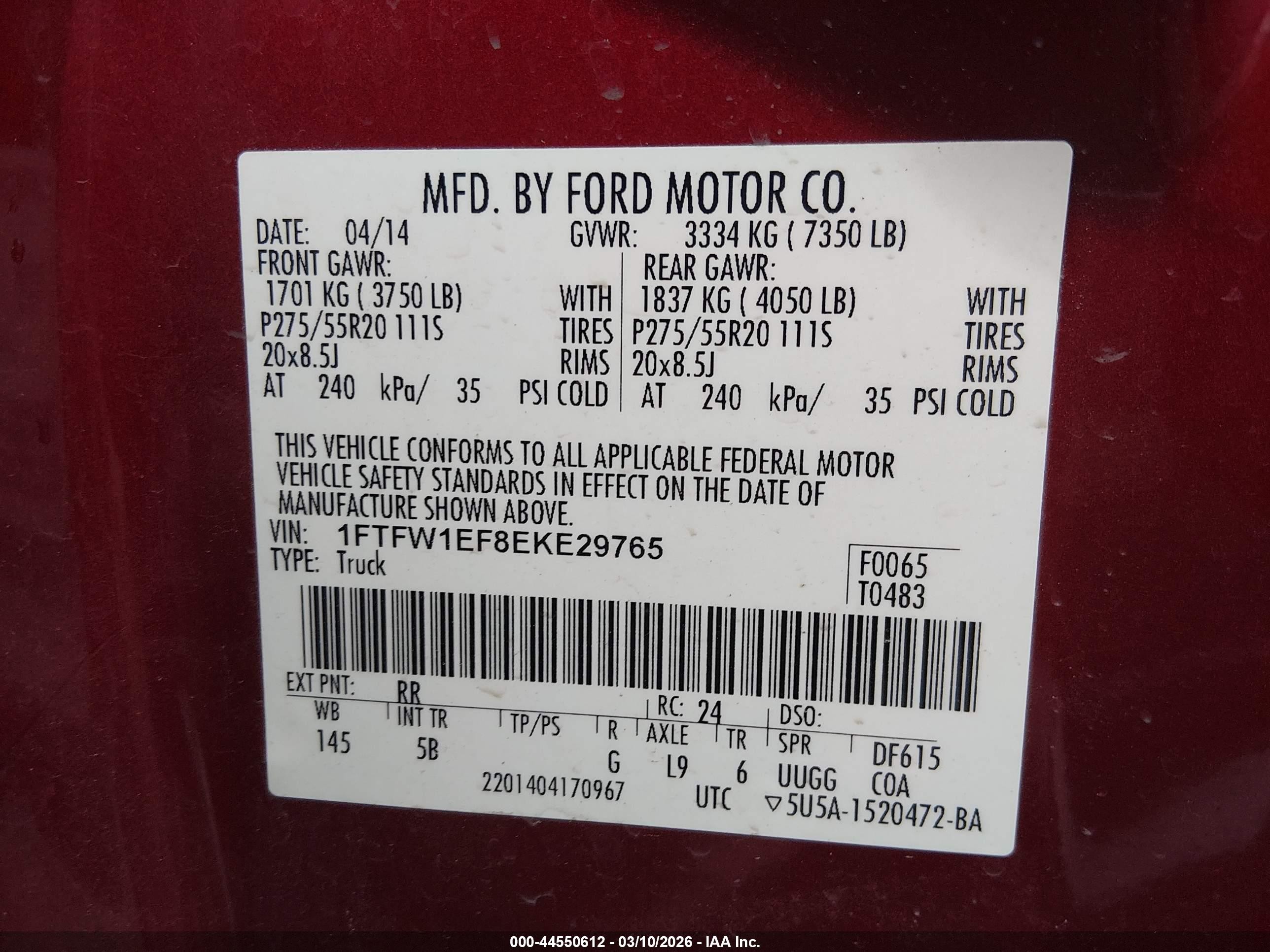 2014 Ford F-150 Fx4/king Ranch/lariat/platinum/stx/xl/xlt Red vin: 1FTFW1EF8EKE29765