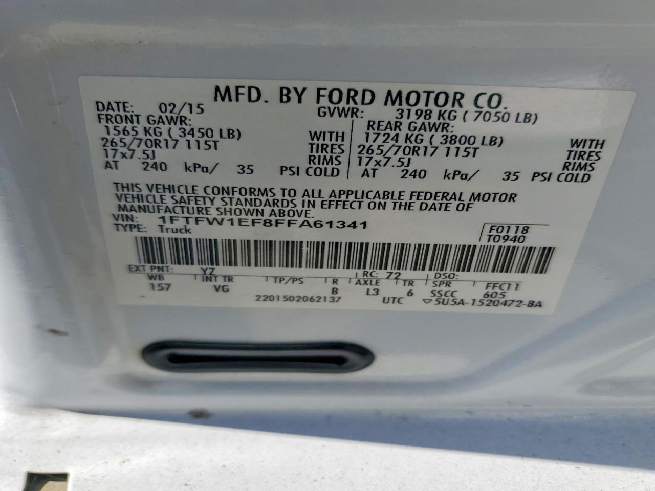 2015 Ford F150 Supercrew White vin: 1FTFW1EF8FFA61341
