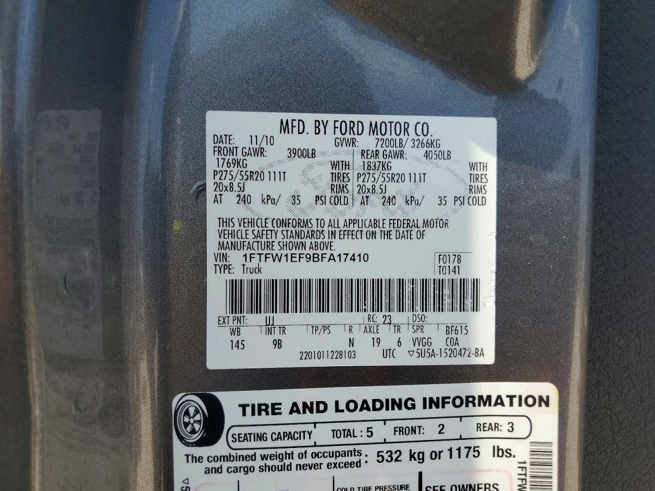 2011 Ford F150 Supercrew Gray vin: 1FTFW1EF9BFA17410