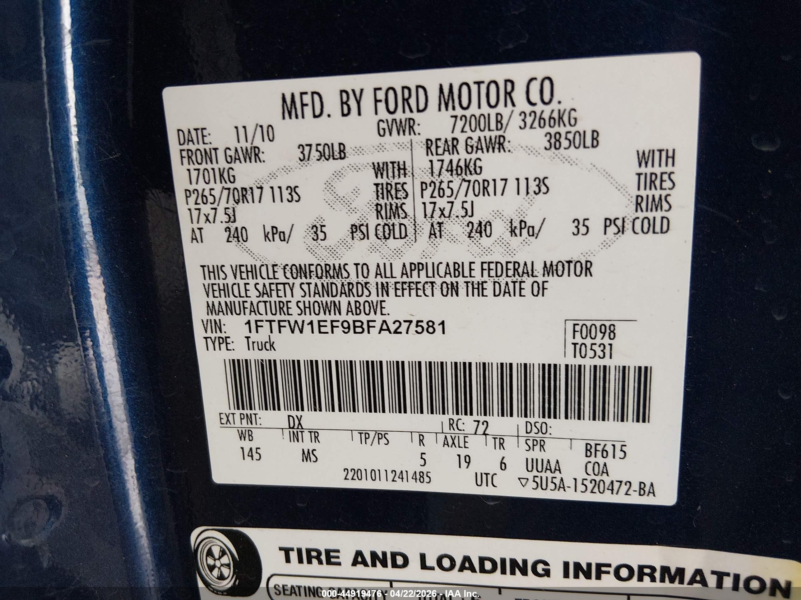 2011 Ford F-150 Xlt Blue vin: 1FTFW1EF9BFA27581
