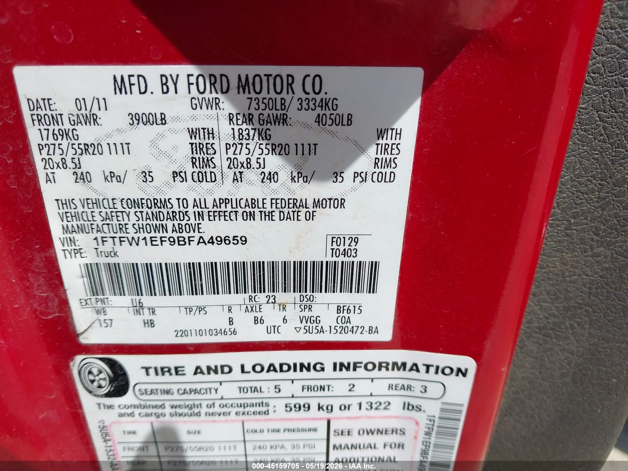2011 Ford F-150 Lariat Red vin: 1FTFW1EF9BFA49659