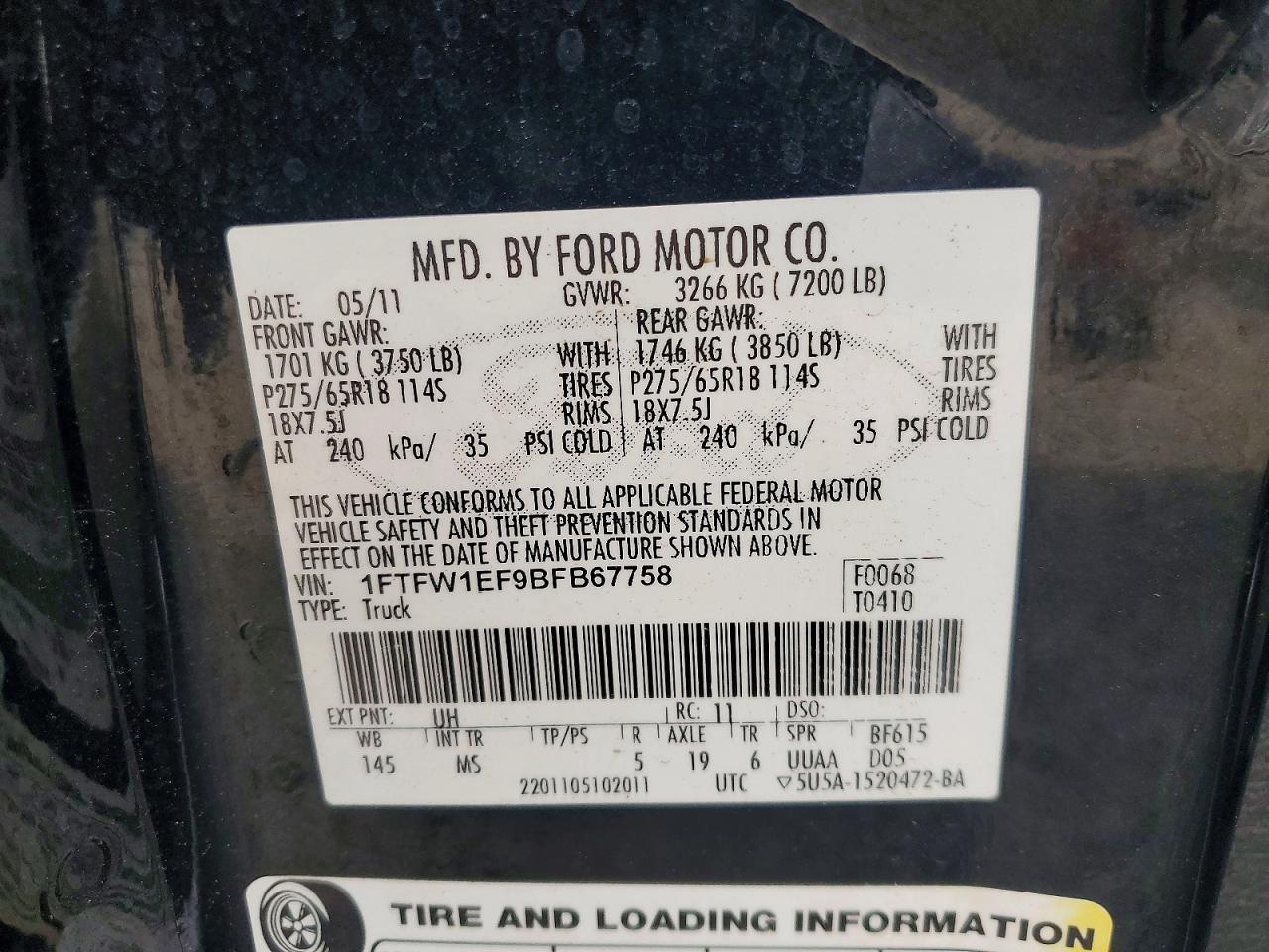 2011 Ford F150 Supercrew Black vin: 1FTFW1EF9BFB67758