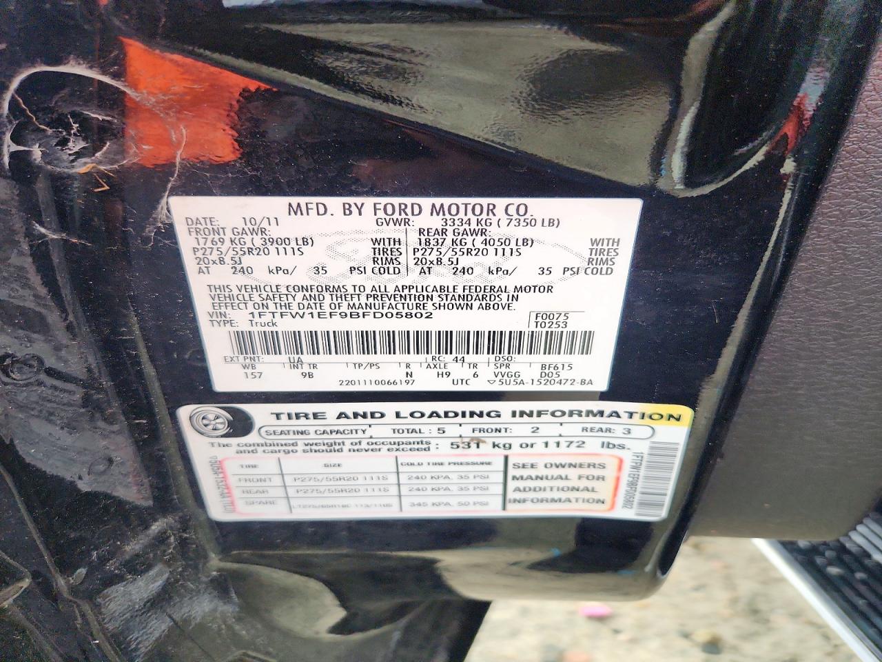 2011 Ford 12 Pass Va Black vin: 1FTFW1EF9BFD05802