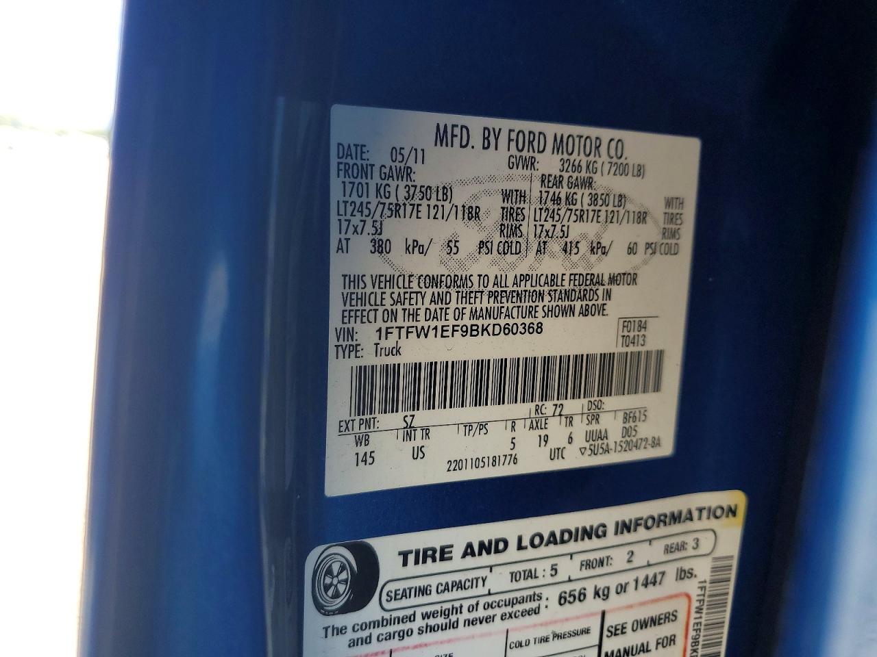 2011 Ford F150 Supercrew Blue vin: 1FTFW1EF9BKD60368